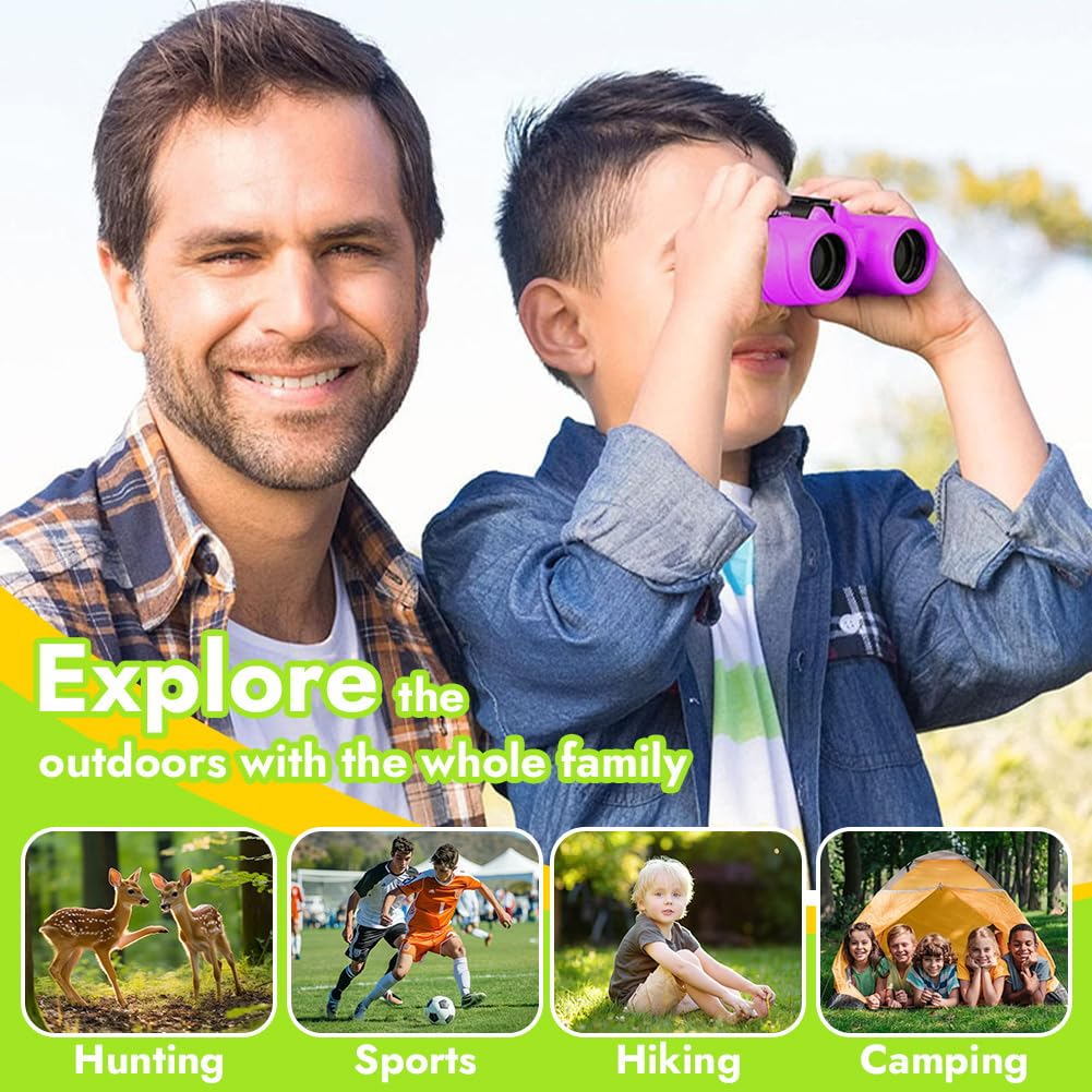 Binocolo per bambini, regali per bambini per bambini e bambine, forte ingrandimento 8X21, binocolo con lente d'ingrandimento e bussola, giocattolo per 3-12 anni (viola)