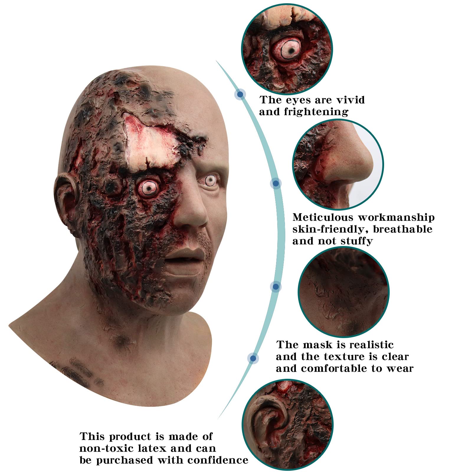 Makoike Zombie Mask Realistic Human Man Scar Face Masks Scary Zombie Full Head Helmet Halloween Costume Cosplay Props - Image 3
