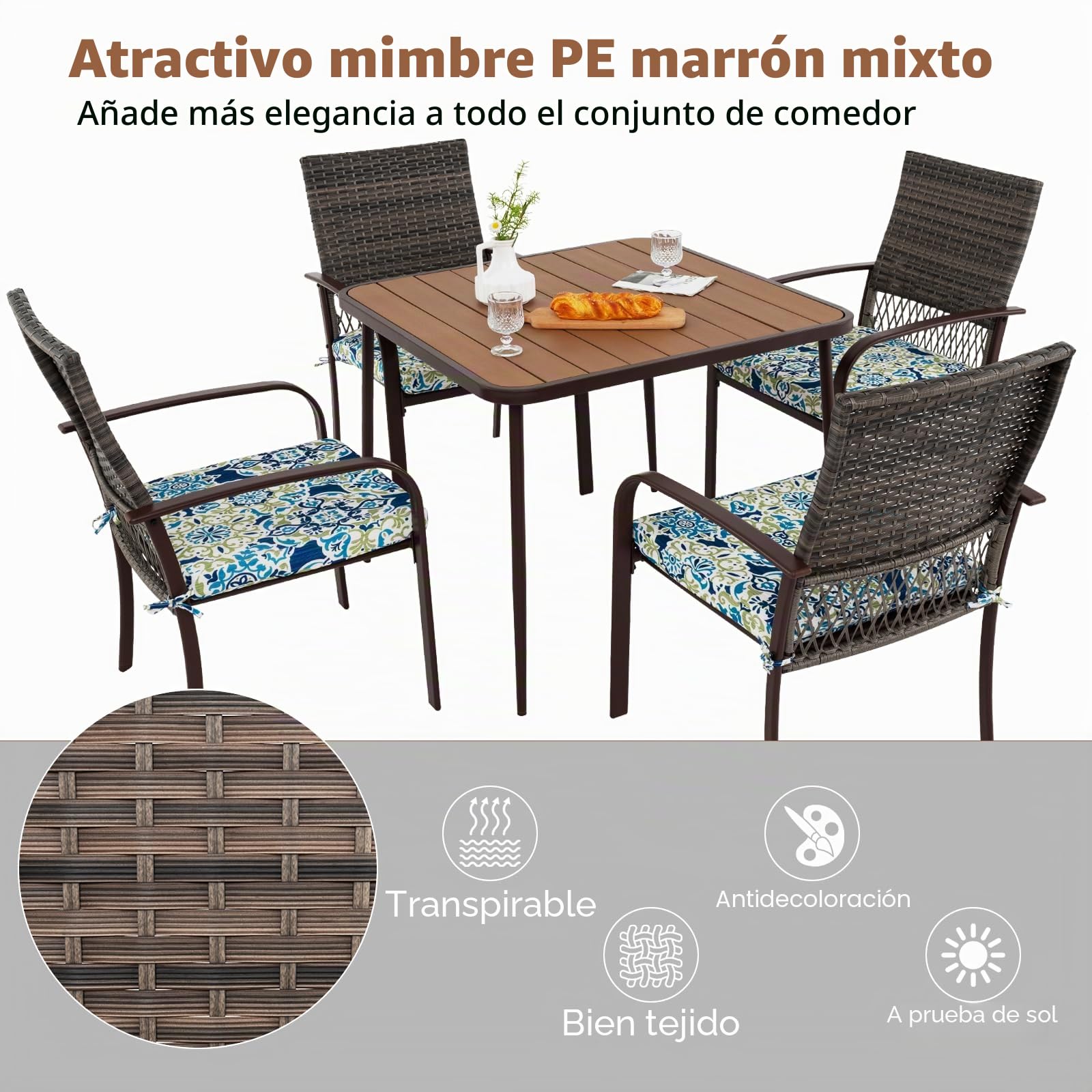 LIFEZEAL Conjunto de Muebles de poliratán, Mesa Centro de jardín con 4 sillas, Juego de Muebles de Comedor Exterior con Cojines y Orificio para sombrilla, para terraza, balcón, Zona de Piscina