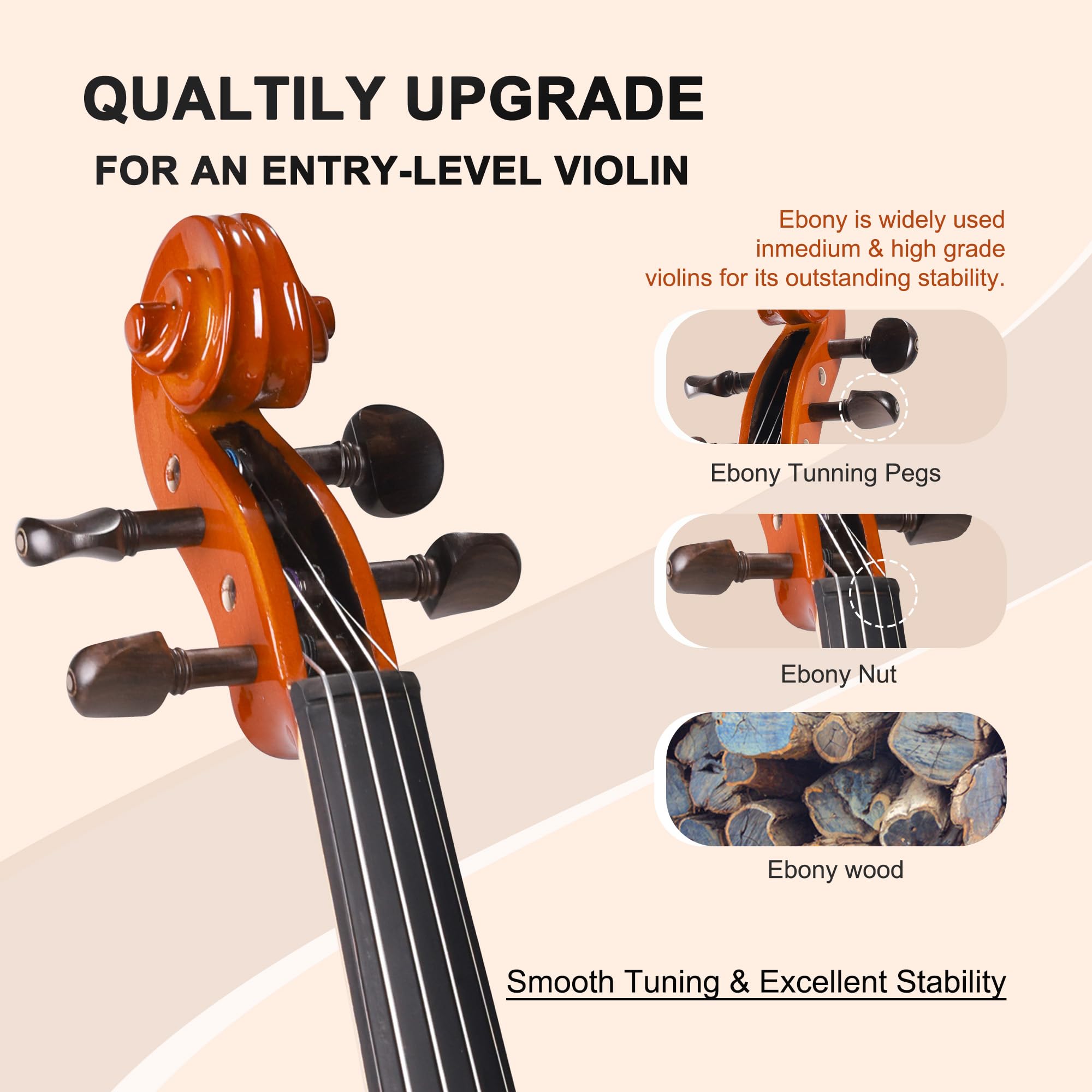 ADM Violino acustico per principianti 4/4, set di violino in legno massello di ebano, per adulti, adolescenti, studenti, starter kit con custodia rigida, spalliera, arco, leggio musicale, corde