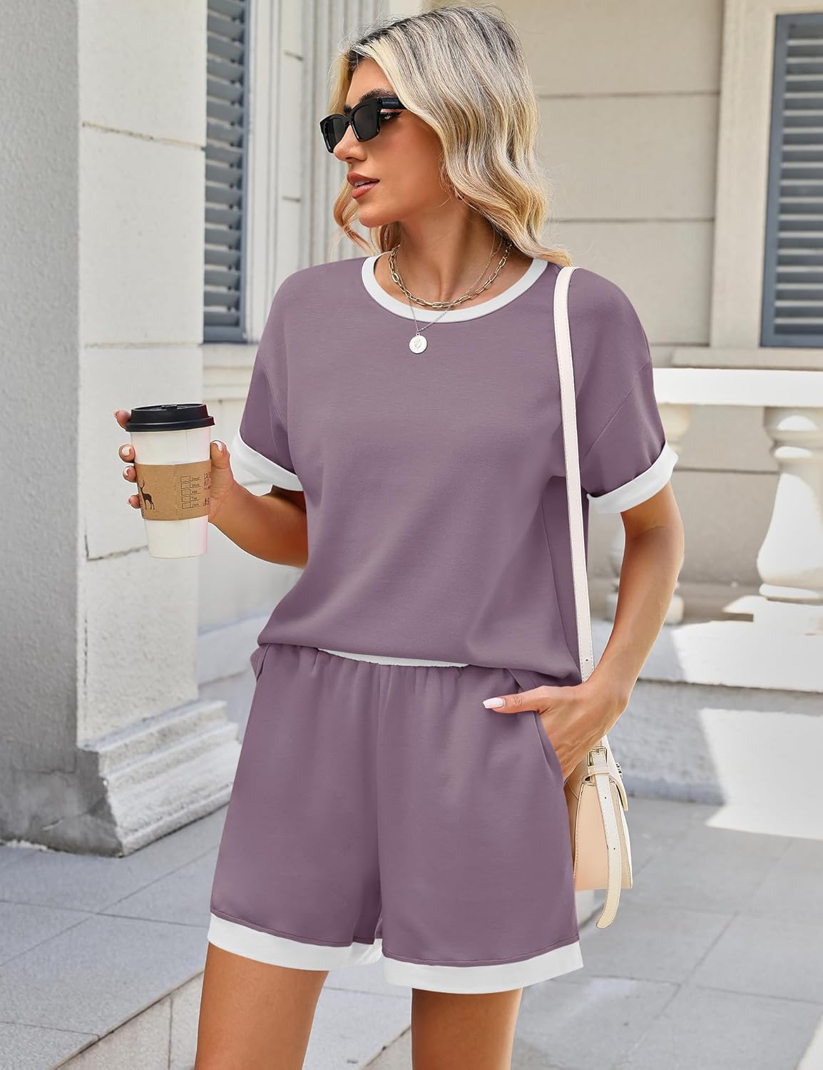 Blingfit Womens 2 Piece Lounge Set Short Sleeve Summer Vacation Outfits Casual Matching Sets Soft Shorts with Pockets - Image 3