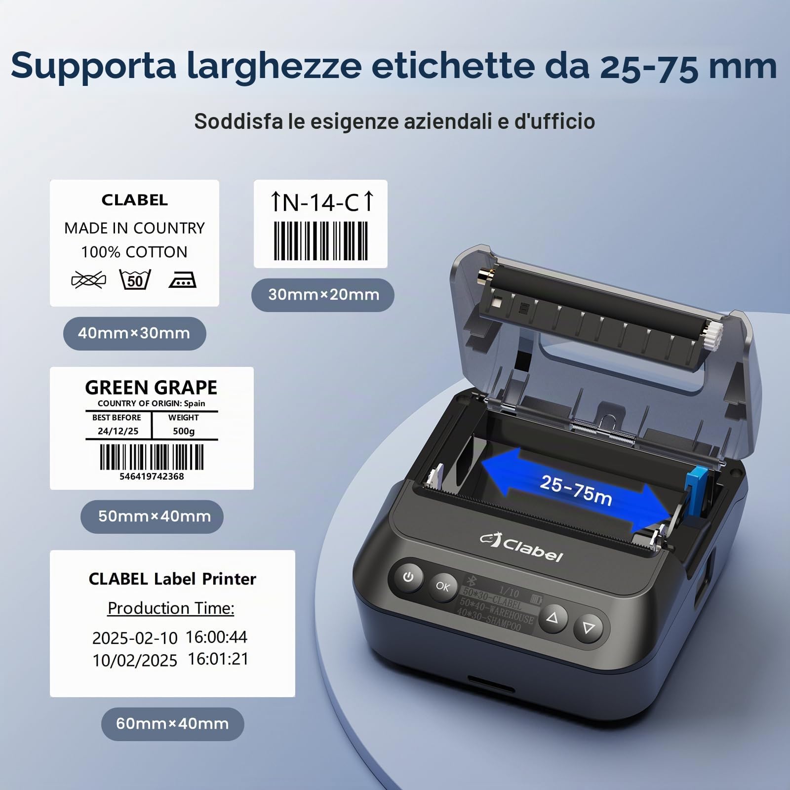 CLABEL 320B Stampante Termica per Etichette Bluetooth, 3" Etichettatrice | Etichette di Terze parti 25-75mm, Stampa offline, iOS Android PC, 2200mAh, Prezzi Codici a Barre Ufficio Negozio Scuola