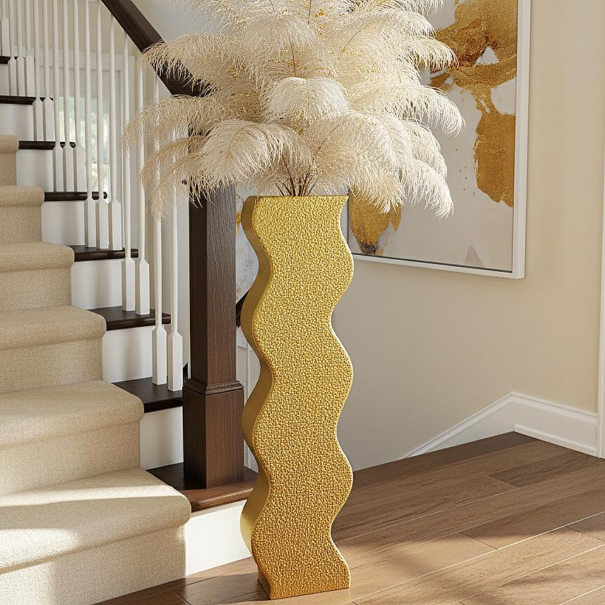 Golden Wave Floor Vase for Decor 23.6 Tall Elegant Flower Vase for Pampas Grass Feathers Dried Stems Modern Home Decor Vase for Living Room Bedroom Entryway - Resin Centerpiece