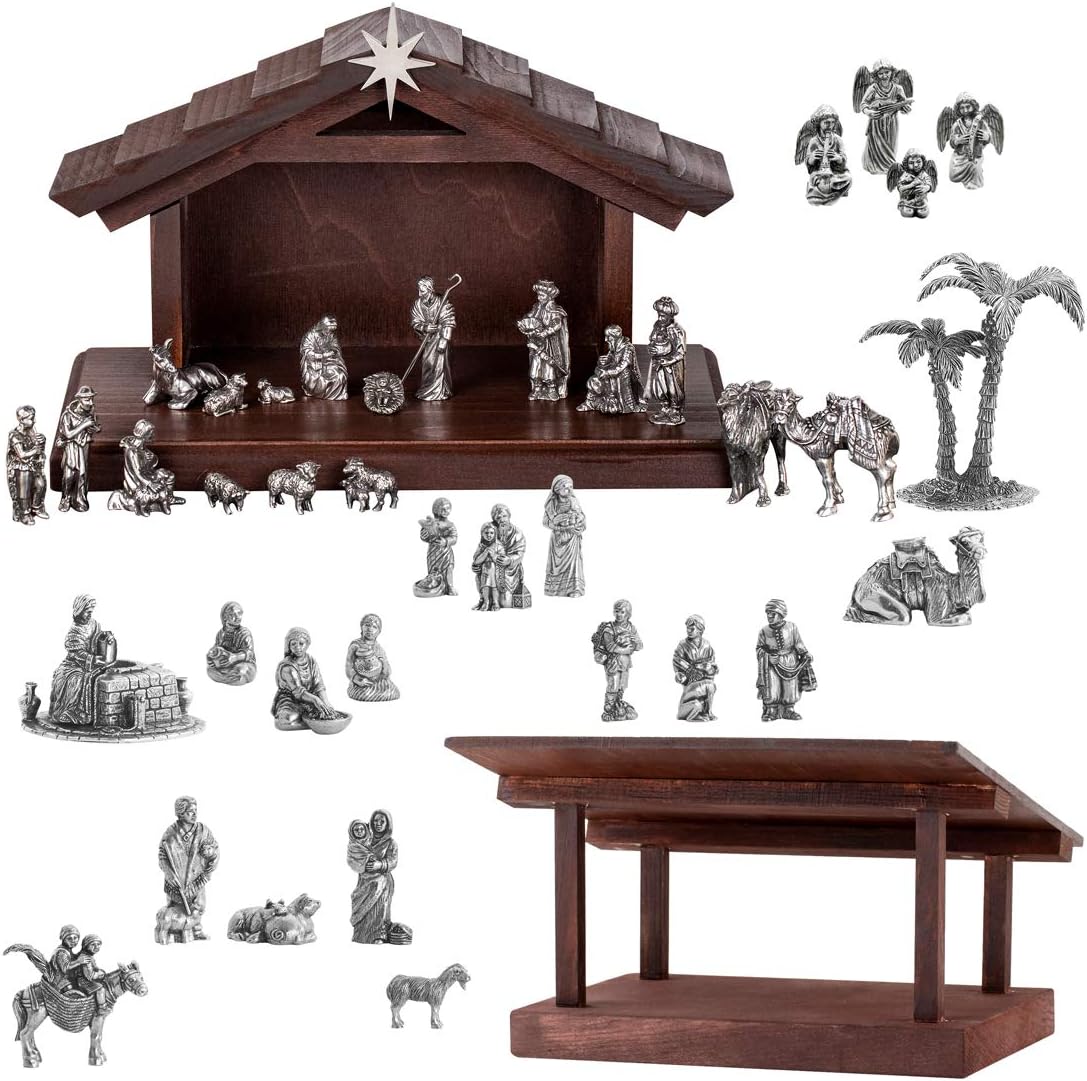 - DANFORTH - Complete Nativity Set for Christmas Indoors – Handcrafted Pewter Nativity Scene with Wooden Creche, Made in USA