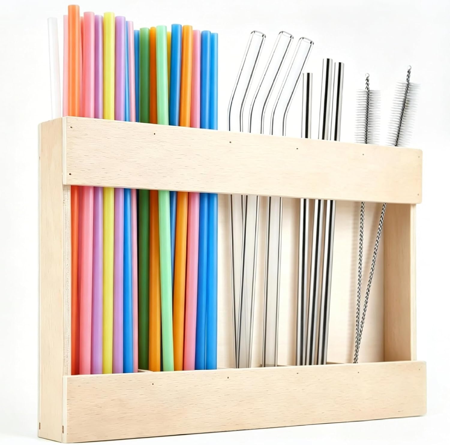 Eco-Friendly Wooden Straw Dispenser Holder | Easy No-Drill Adhesive Installation | Space-Saving Kitchen Straw Organizer for White Cabinets