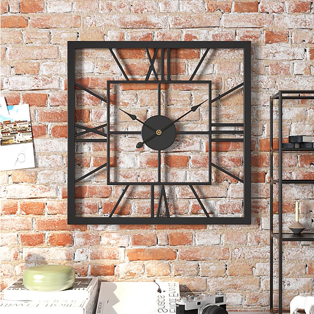 Reloj de pared vintage grande de metal negro de 50 cm, cuadrado, silencioso, números romanos, reloj colgante para sala de estar, dormitorio, cocina, cafetería, hotel, funciona con pilas, elegante