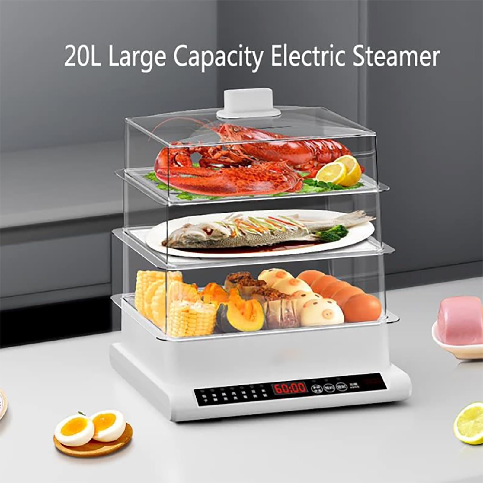 Vaporiera a 3 Livelli - Vaporiera Multifunzione da 20 Litri, 7 modalità di Cottura preimpostate, 60 Minuti di Cottura Rapida simultanea, cestelli impilabili per Verdure o Carne