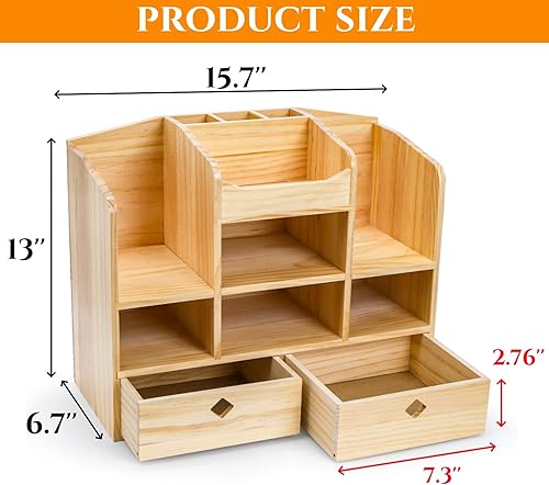 Miniatura 2 de Organizador de escritorio de madera con cajones, organizador de accesorios de oficina para encimera con 10 compartimentos, caja de almacenamiento