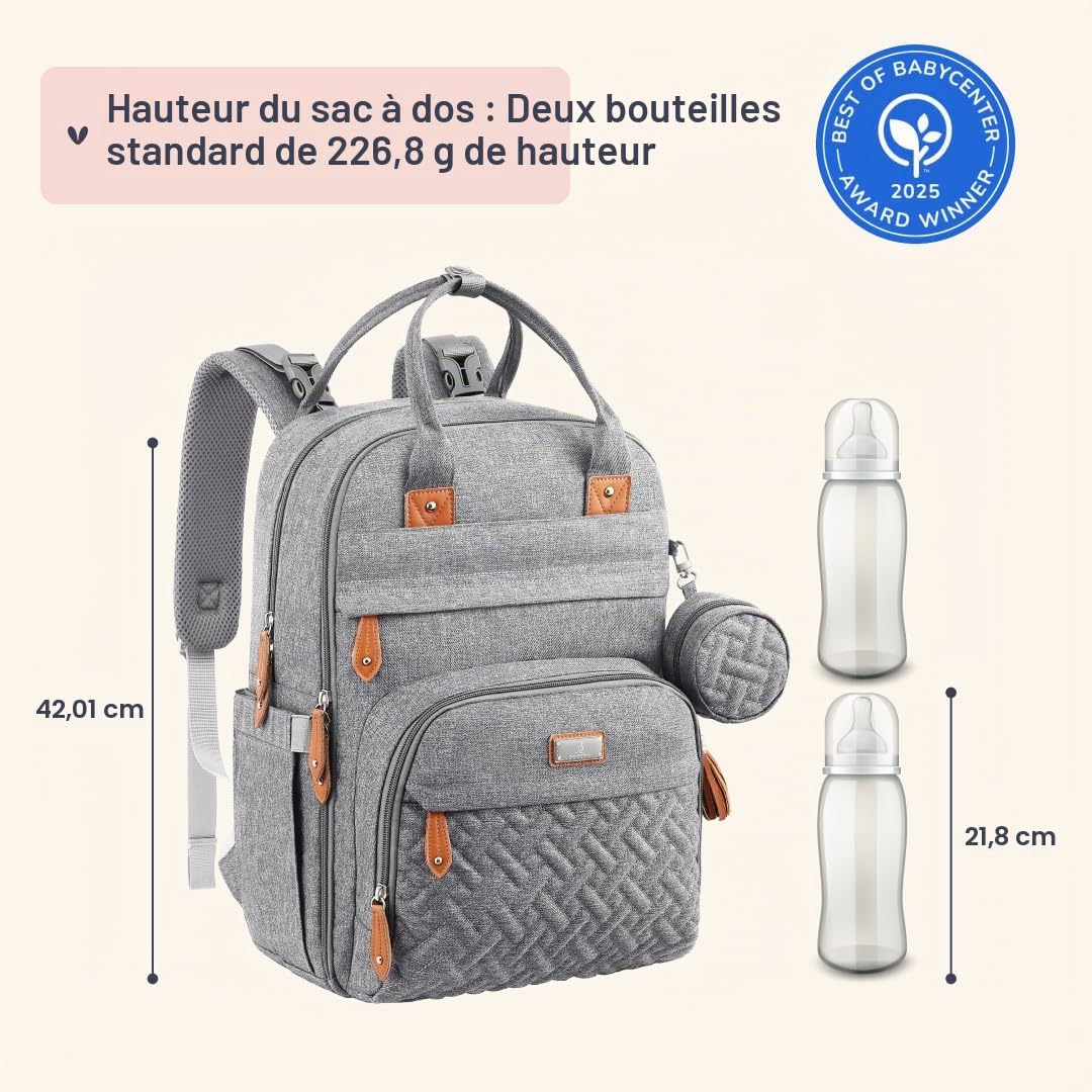 BabbleRoo Sac à Langer Bébé, Sac à Dos à Langer Grande Capacité Déperlant – 17 Poches, Tapis à Langer, Étui à Sucette Amovible, Sangles Poussette, Sac de Voyage Unisexe