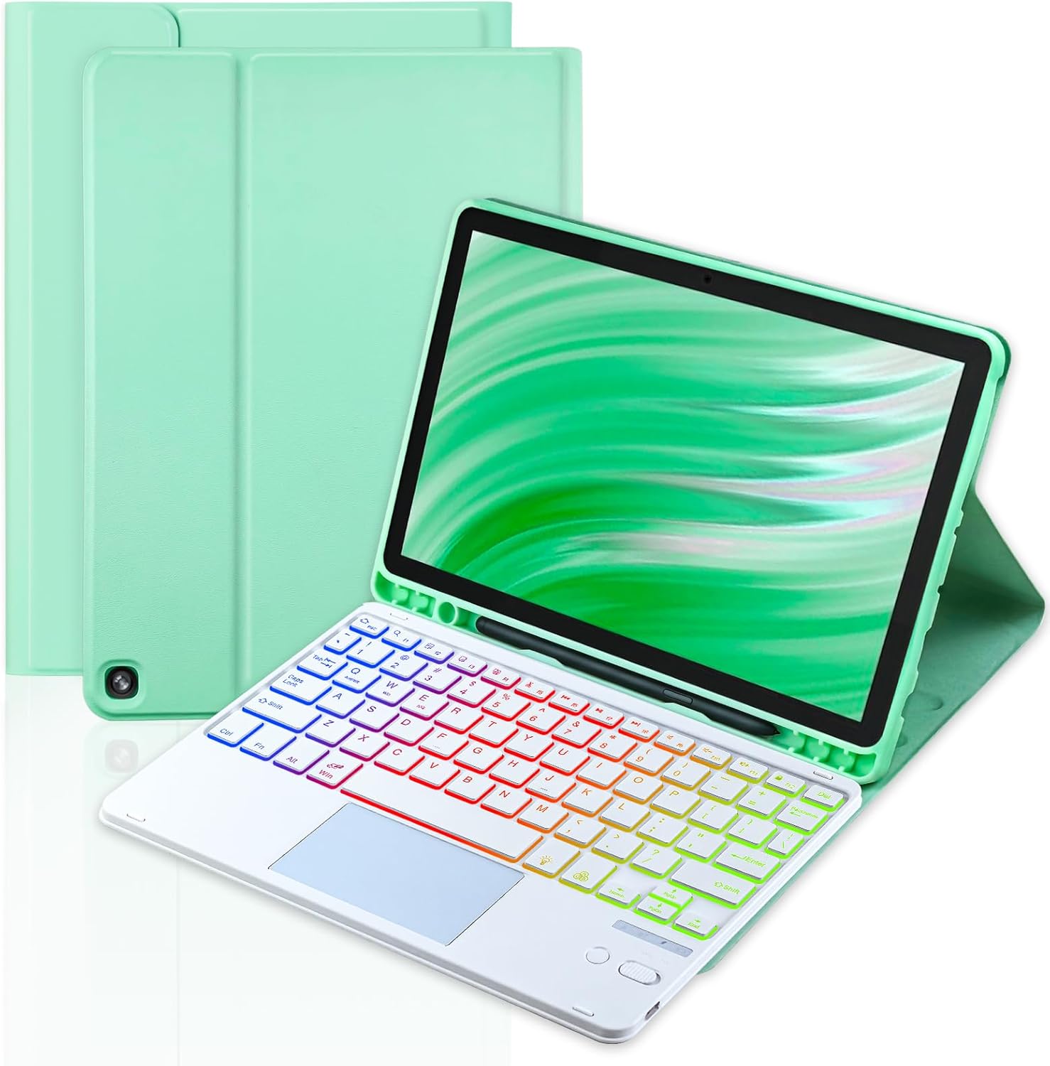 Trackpad Keyboard Case for Amazon Fire HD 10/10 Plus 10.1 inch,7-Color Backlight Rechargeable Keyboard with Kids Multi-Angle Cover for Tablet (Mint Green+White)