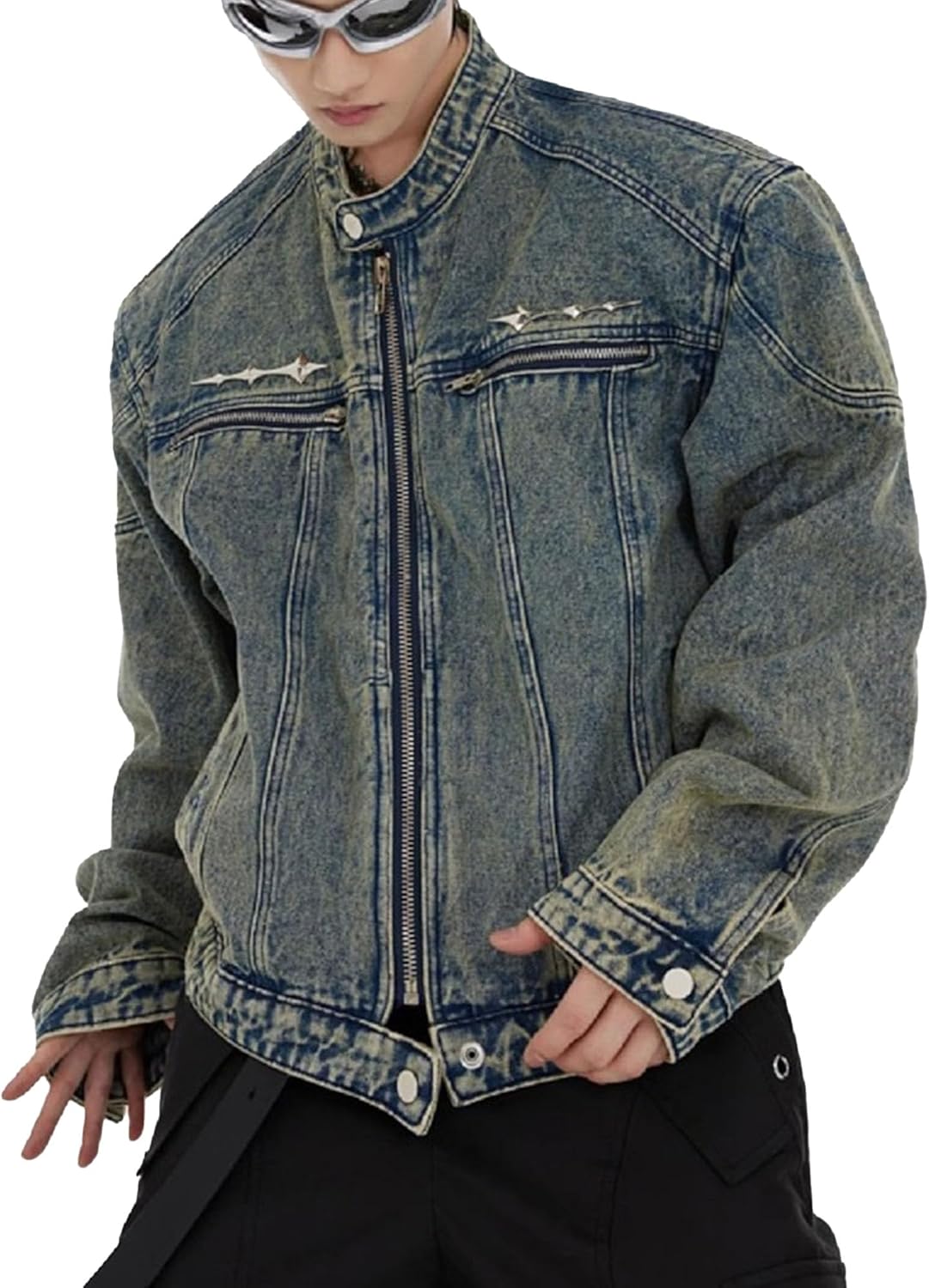 Men's Banded Collar Denim Jacket Distressed Moto Button Down Denim Shirt Full Zip Long Sleeve Winter Jacket