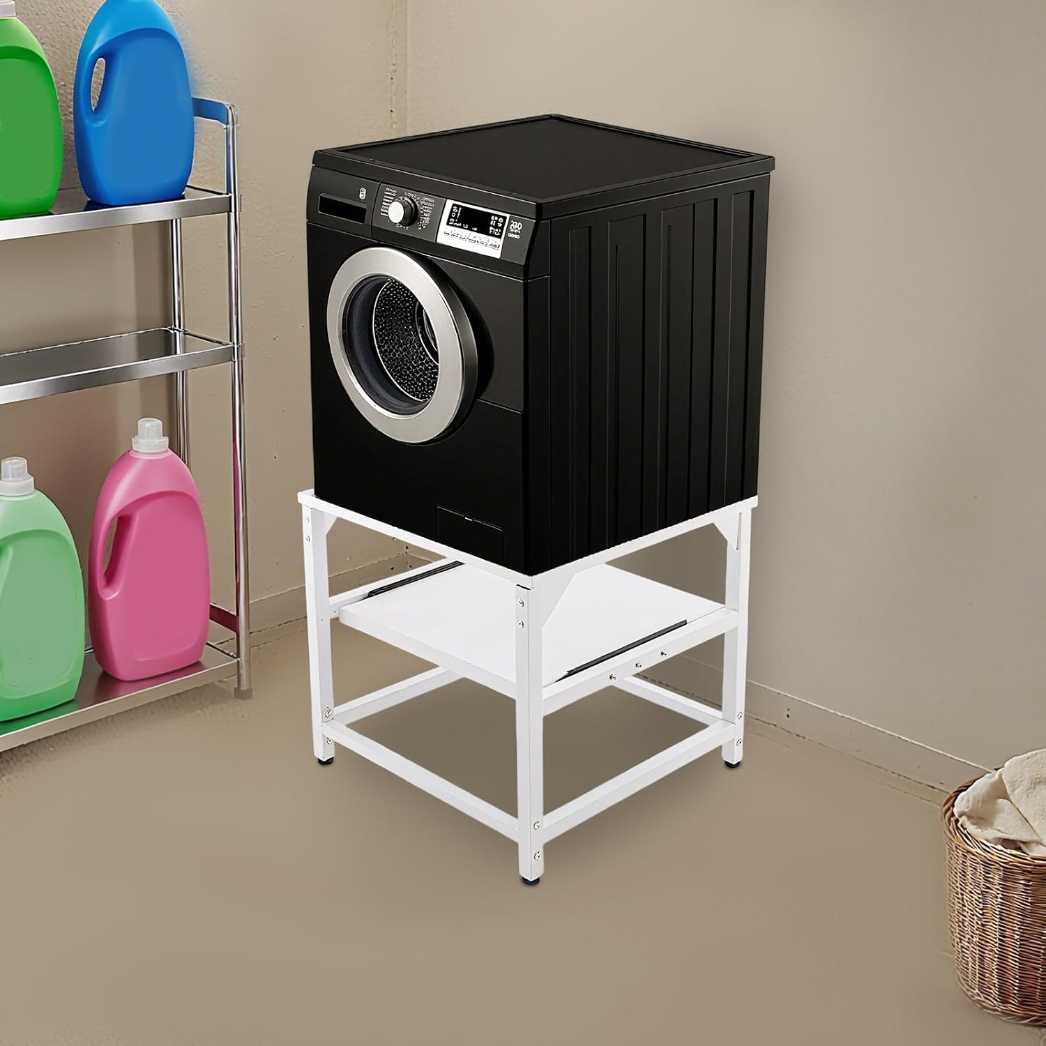 DYRABREST Washing Machine Pedestal Stand with Storage Shelf, 330lbs Capacity Adjustable Washer Dryer Base for Laundry Room, Anti-Vibration Space Saving (White)