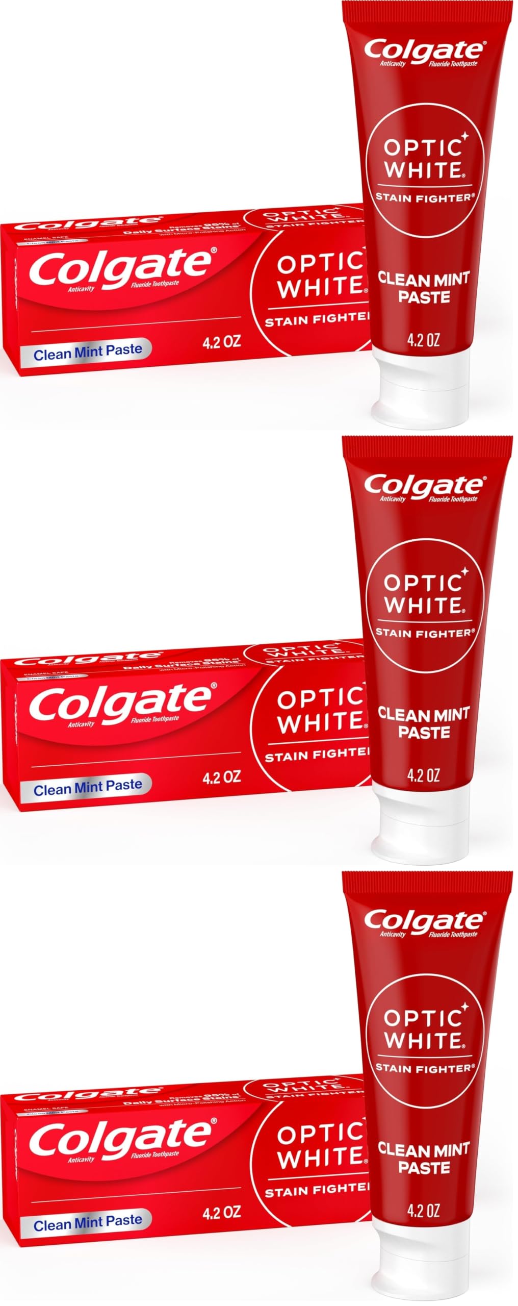 Colgate Optic White Whitening Toothpaste, Clean Mint | Stain Fighter | Enamel-Safe | Daily Use | 4.2 Oz Pack of 3