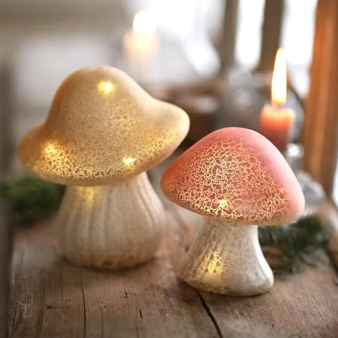 MIYA LIFE Glass Mushroom Lamp Cute Lamps for Bedrooms Battery Operated Mushroom Night Light Funky Lamp Ideal for Indoor & Outdoor Garden Decor (Yellow, Set 1) photo 2