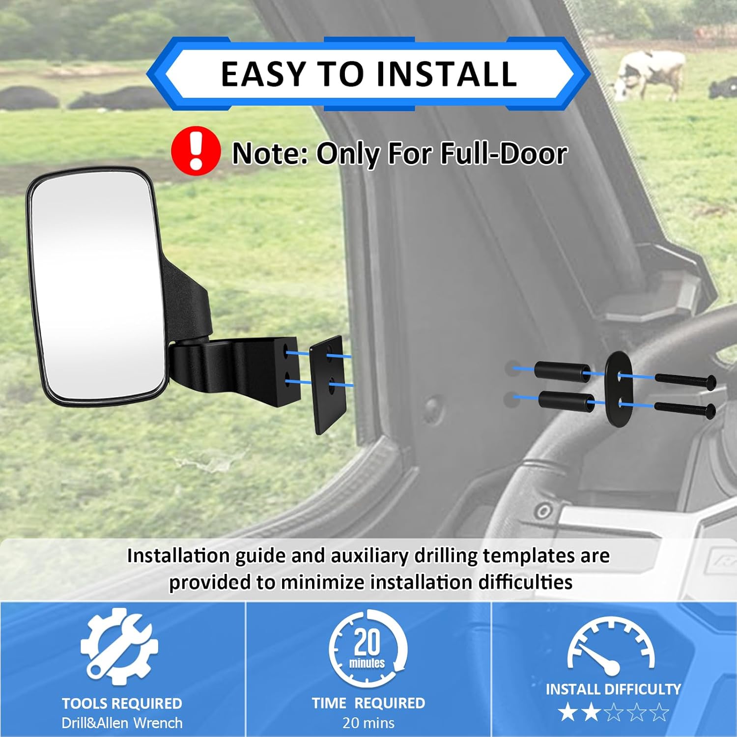 Wsays Side Rear View Mirrors Compatible with Polaris Ranger SP570/1000/XP1000/Crew XP 1000/Crew/Northstar Pro XD 2018-2025(ONLY FOR FULL DOORS) - Image 5