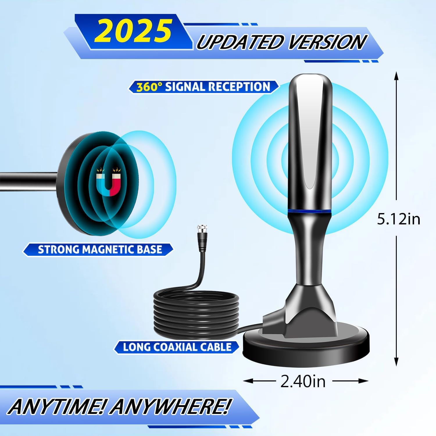 Antena digital para TV inteligente en interiores, base magnética fuerte y antena de TV de hoja de hierro para interior para una fácil instalación, antena HD de recepción de largo alcance para