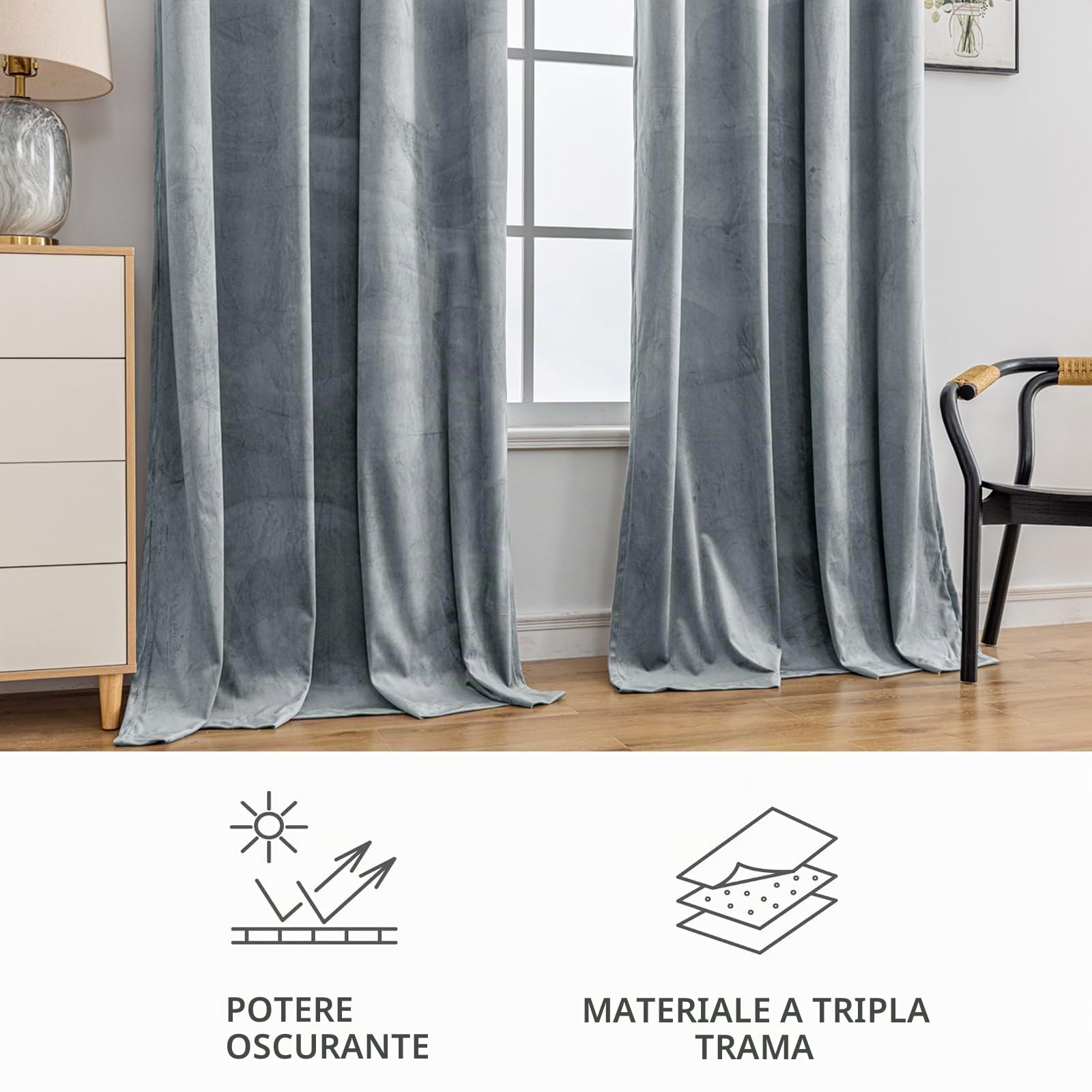 YSTELLAA Tende Velluto Oscuranti Per Interni 2 Pezzi, 140×260CM, Tende Camera Da Letto Moderna, Con Anelli, Termica Isolante Freddo E Caldo, Per Camera Da Letto, Grigio