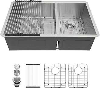 Lordear Undermount Kitchen Sink Double Bowl Kitchen Sink 33 Inch Stainless Steel 16 Gauge 60/40 Low Divided Two Basin Sinks 33x19 Inch Undermount Sink Handmade