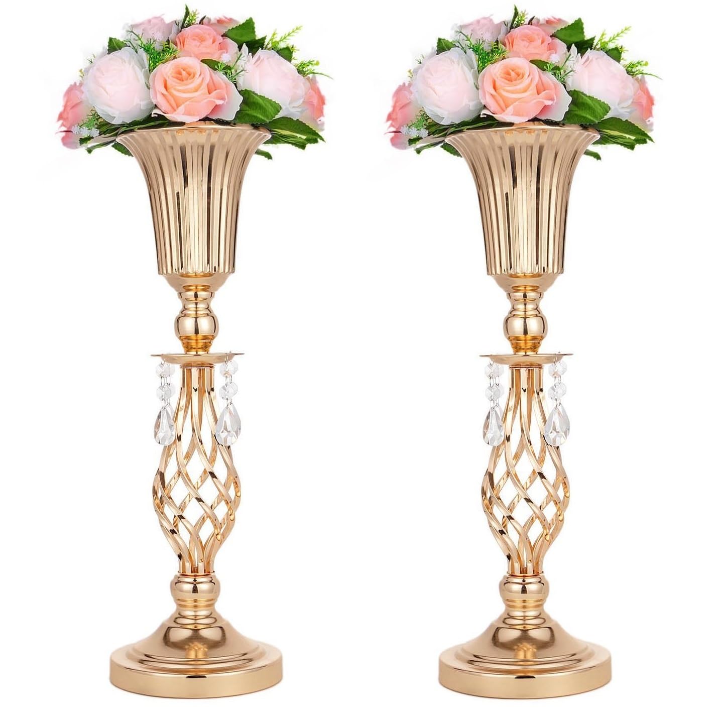 2 jarrón de trompeta dorado con cuentas de cristal, elegante centro de mesa floral de metal, perfecto para banquetes de boda, cumpleaños, aniversarios, fiestas de vacaciones y otros centros de mesa de eventos importantes (20.2 pulgadas)