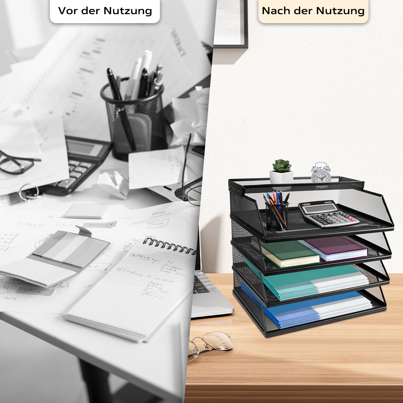 Dokumentenablage A4 Stapelbare Briefablage mit 5 Fächern (32 x 25 x 30 cm), Papierablage Schreibtisch Organizer, Aktenablage Ablagesystem für Büro und Arbeitszimmer, Schwarz
