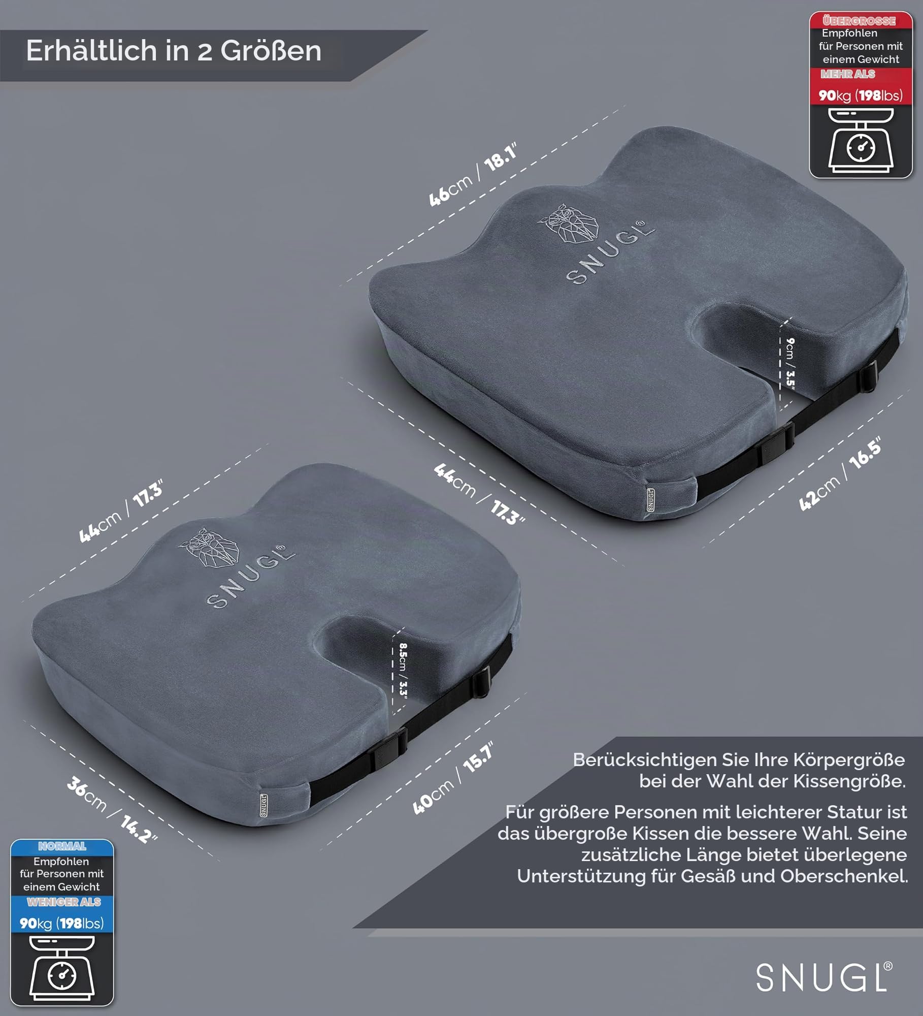 SNUGL Sitzkissen orthopädisch Memory Foam Steißbeinkissen | Stuhlkissen gegen Rückenschmerzen | Ergonomisches Keilkissen für Bürostuhl, Auto, Rollstuhl & Gaming Stuhl – Standard Hellgrau