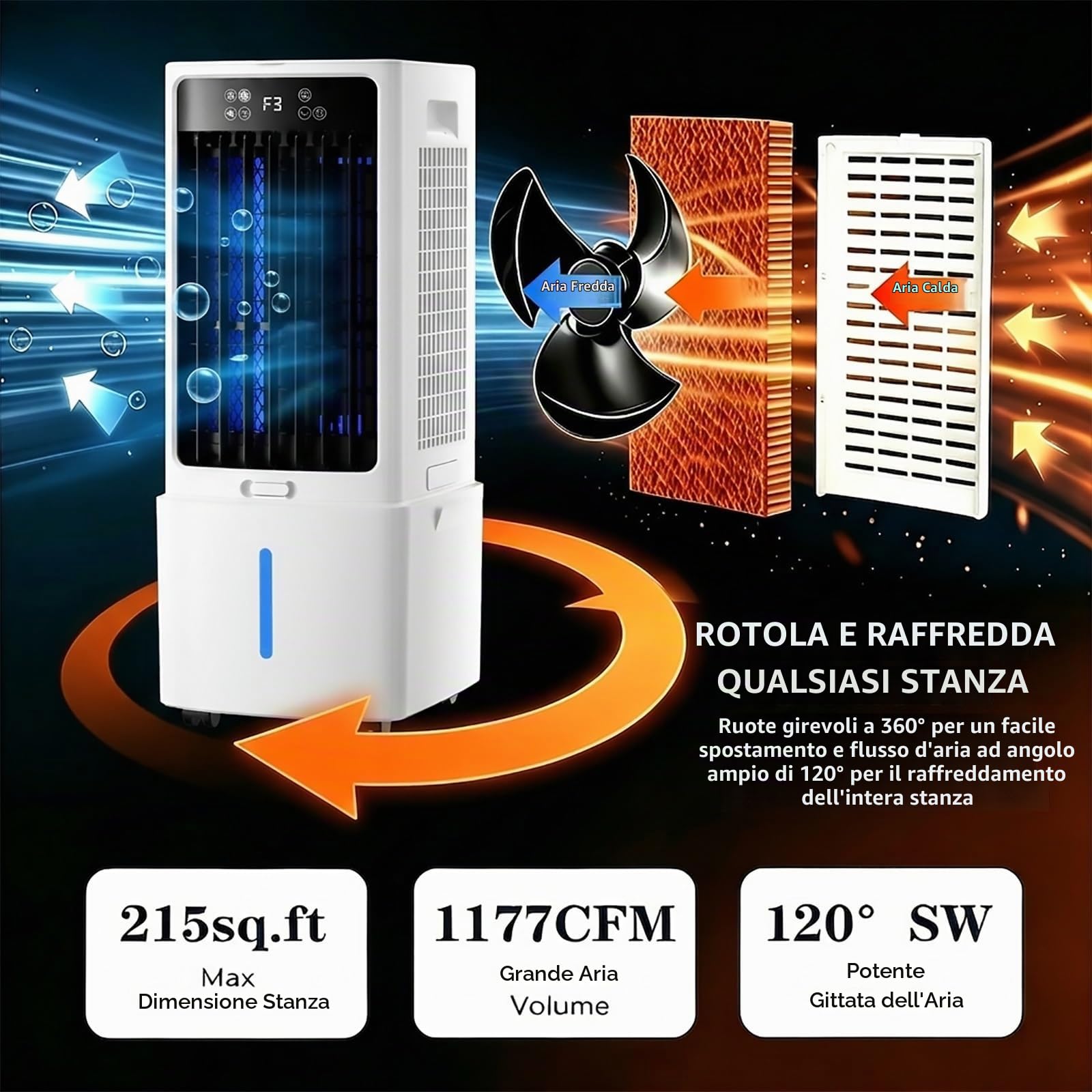 Raffrescatore d'aria da 12 litri, climatizzatore portatile 3-in-1 con serbatoio d'acqua e telecomando, 3 velocità, timer 12 ore e siberini; adatto per casa, patio, garage, ristoranti e spazi esterni