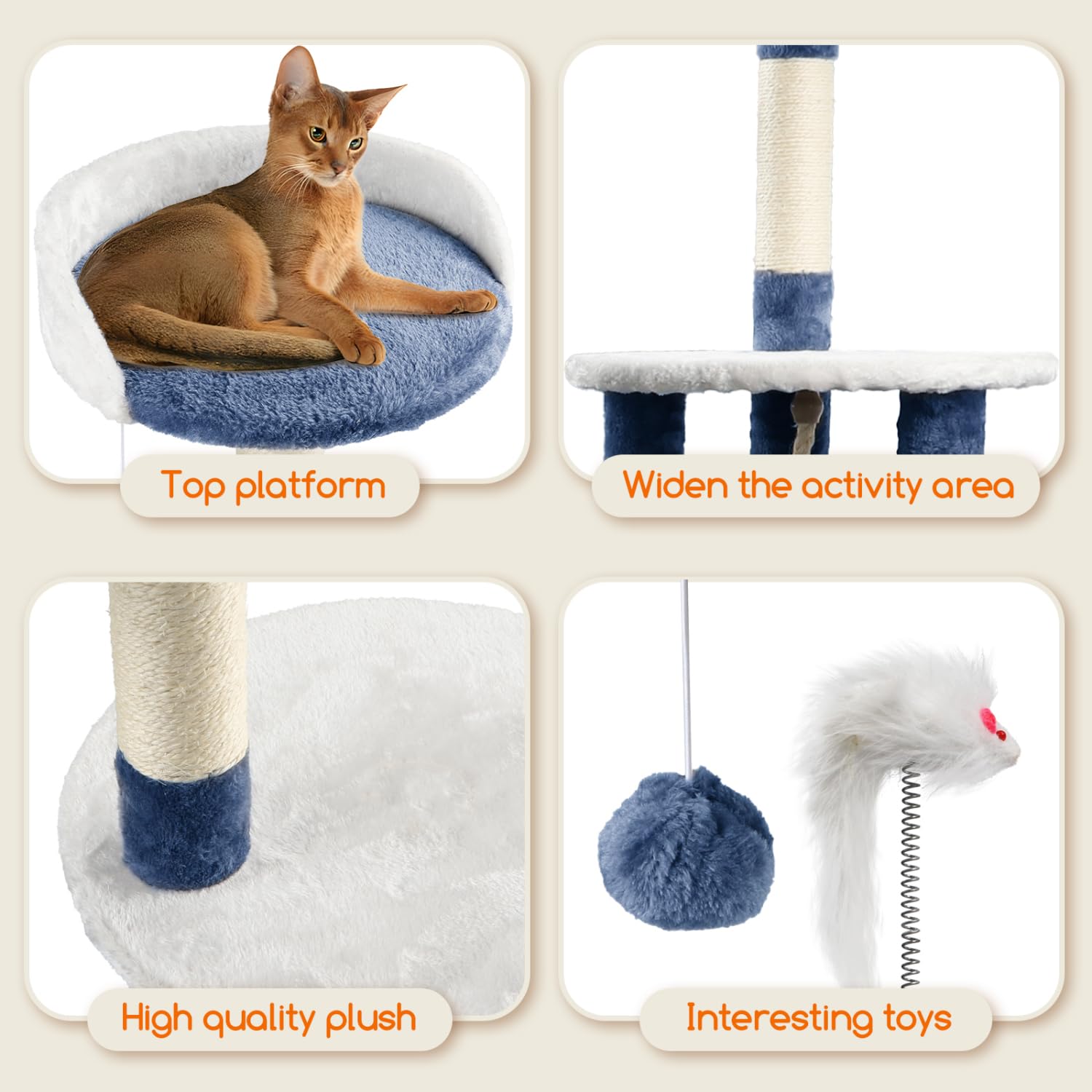 Nobleza Rascador para Gatos, Altura 118.5 cm, Árbol Estable para Gatos, 4 Plataformas, 1 Cueva, 1 Pompón, 1 Peluche, Azul