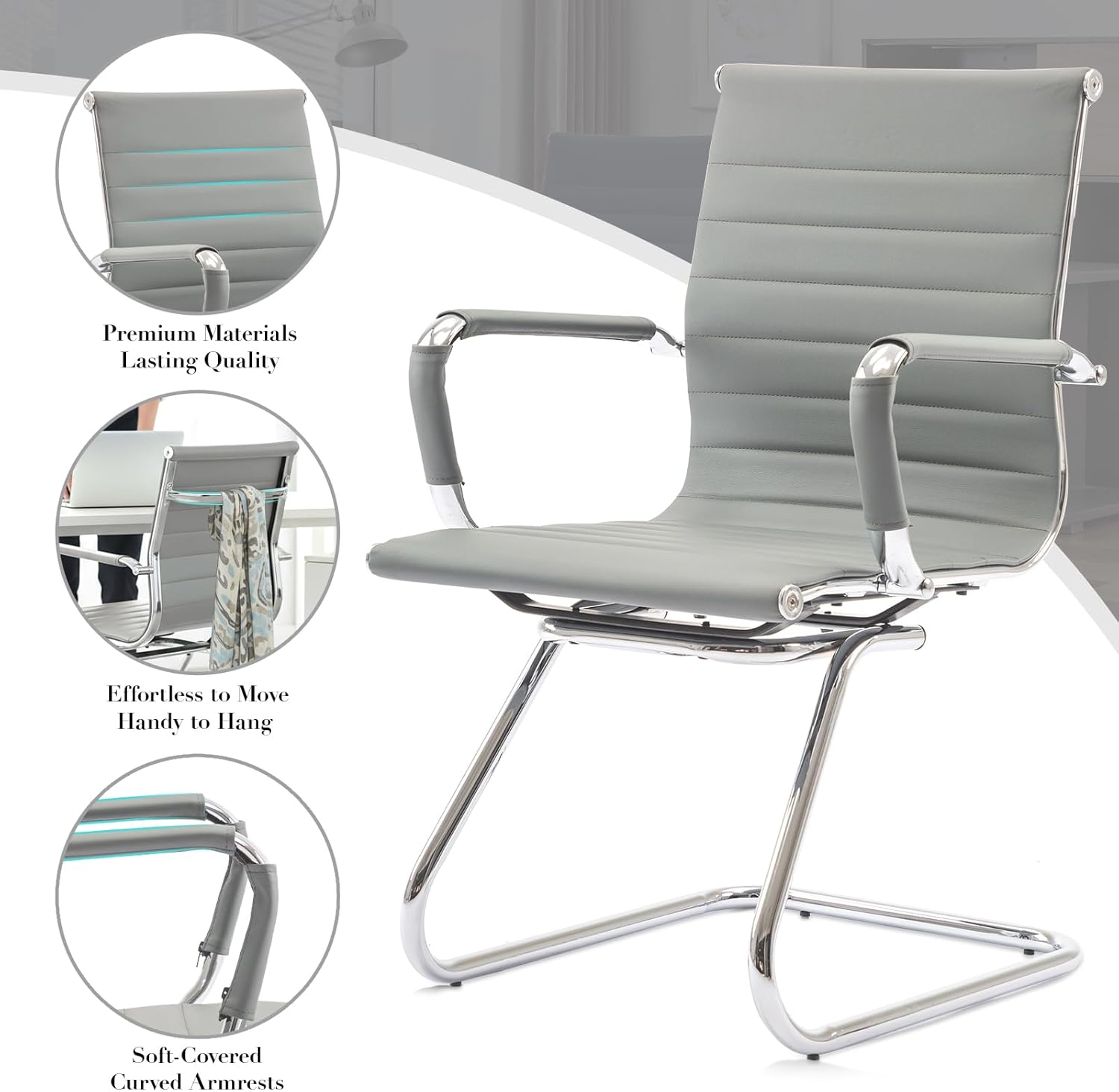 CIMOTA Waiting Room Chairs Leather Office Guest Chair Mid Back Reception Chairs with Sled Base for Meeting/Patient/Conference Room, Grey Set of 2