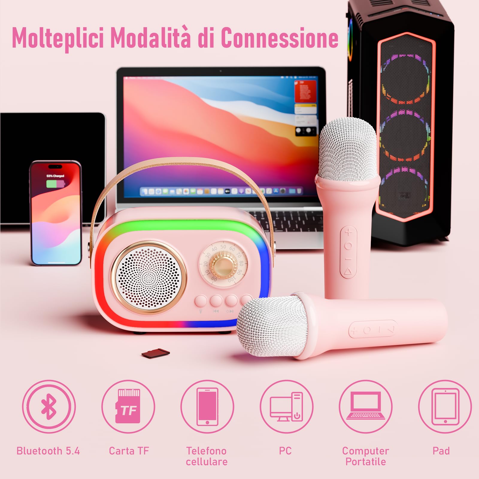 Karaoke per Bambini e Adulti con 2 Microfono, Regalo Bambina 3-18 Anni Macchina per Karaoke Bambini Bluetooth con 5 LED e 12 Effetti Vocali，Giochi Bimba 3-18 Anni,Regalo Natale Compleanno Giocattoli