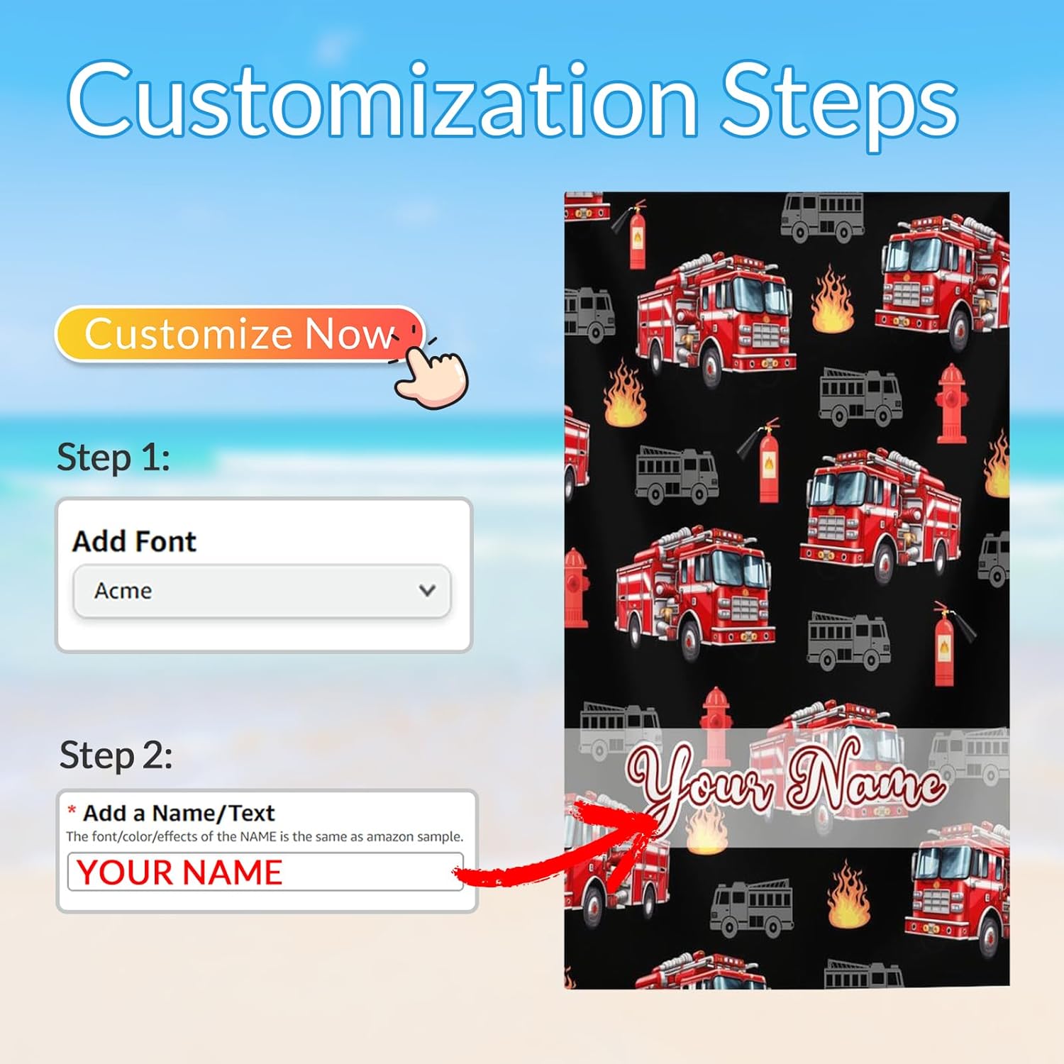 Custom Beach Towel for Kids Adults, Personalized Fire Truck Towels with Name for Boys Men, 40x70 Inch Beach Bath Towel for Pool Gym Swimming Holiday Travel