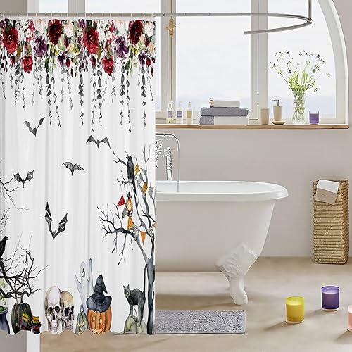 Miniatura 3 de Manfei Cortinas de ducha de Halloween con diseño de murciélagos negros, calabaza, fantasma, calavera, cortinas de baño para niños y adultos,