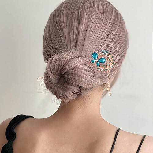 Miniatura 4 de Honbay Moda Largo Pelo Decoración Chino Estilo Tradicional Retro Borla Aleación Azul Mariposa Palo Pelo Palillos Horquilla Chignon Pin