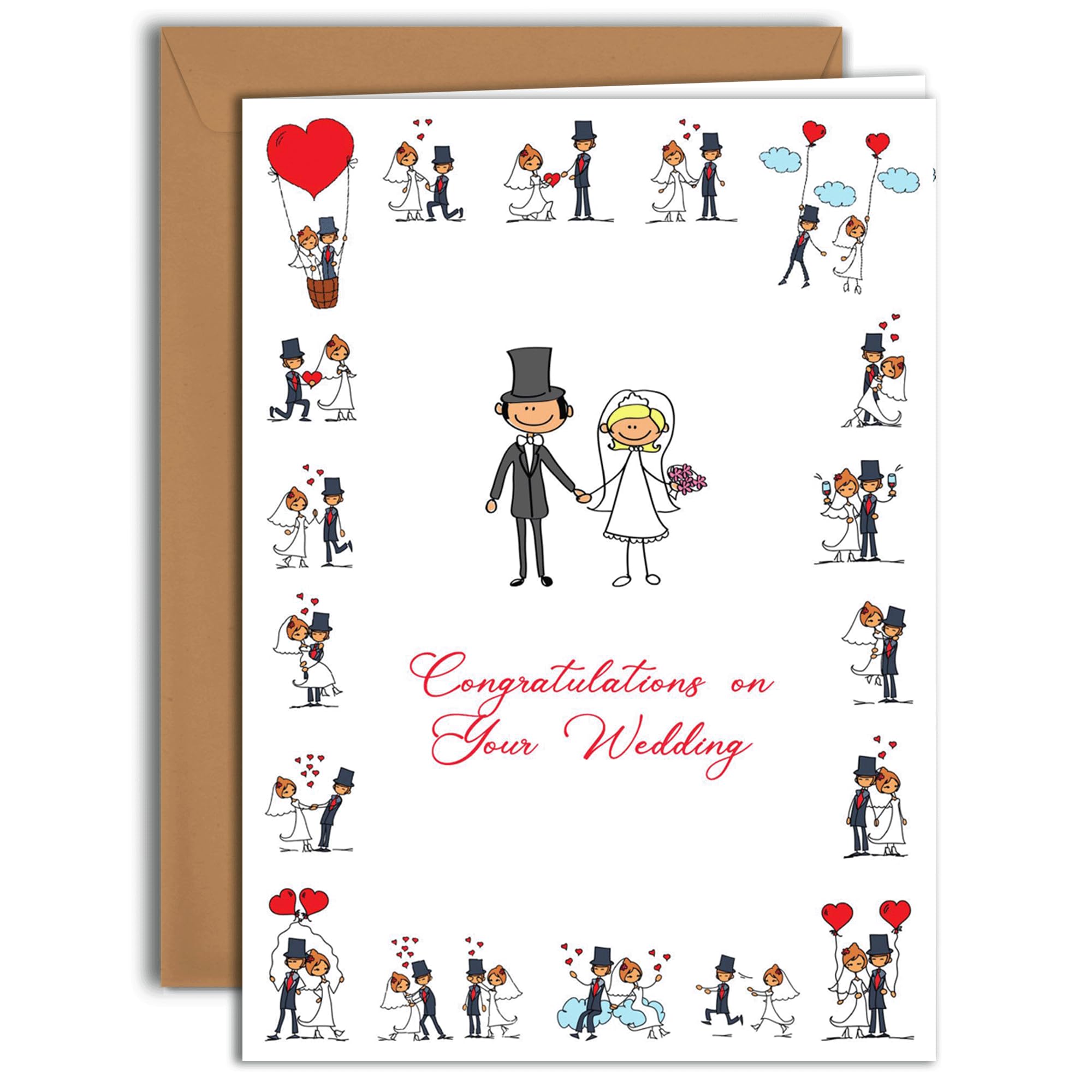 Romantic Wedding Card – Playful Bride & Groom | Large Folded Card (A4) – Kraft Envelope Included – Blank Inside