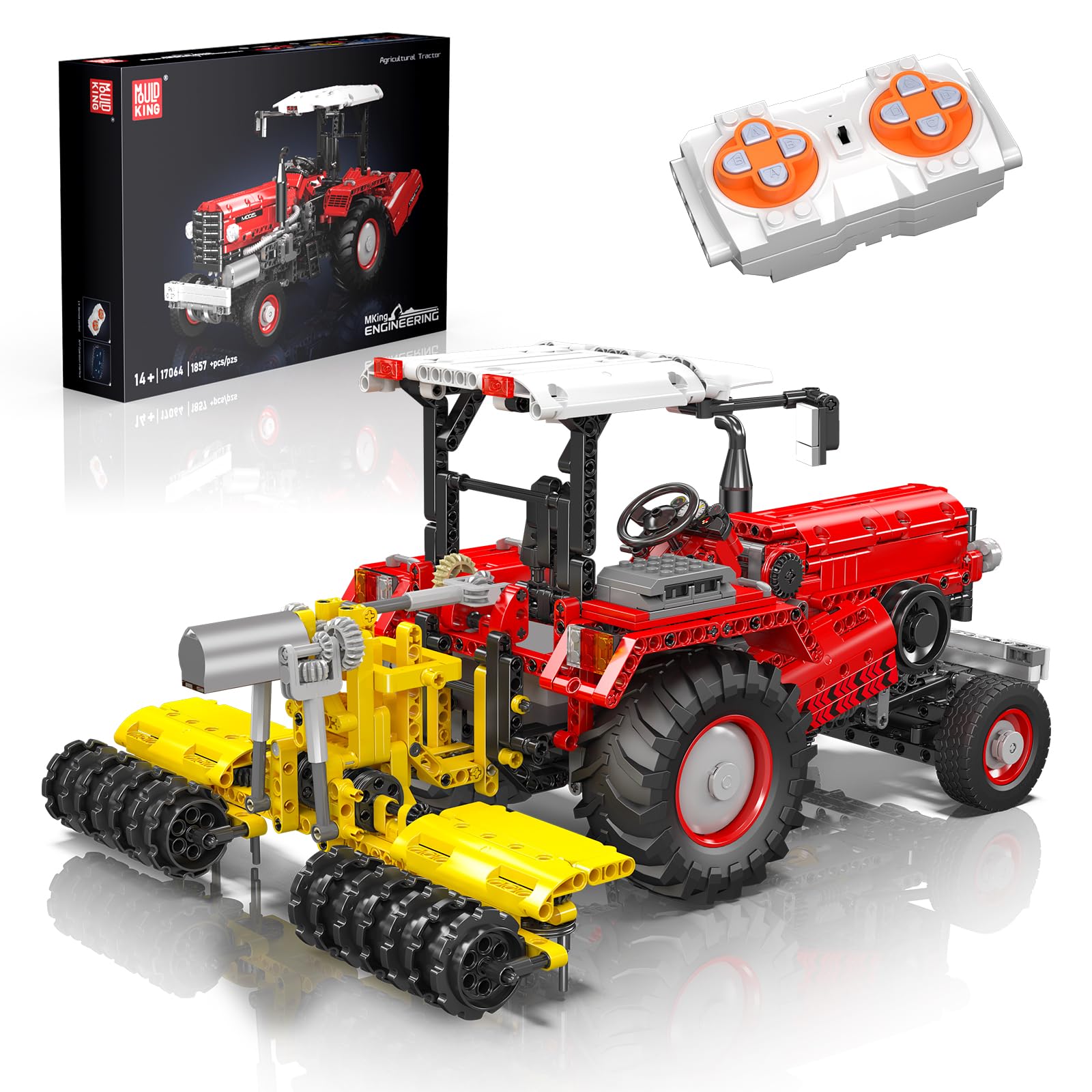 Mould King Tractor Kit, 17064 Agricultural Model with Motor and Remote Control, 3 Front Attachments, App Control, MOC Building Block Set for Adults and Teenagers from 14 Years (1857 Pieces)