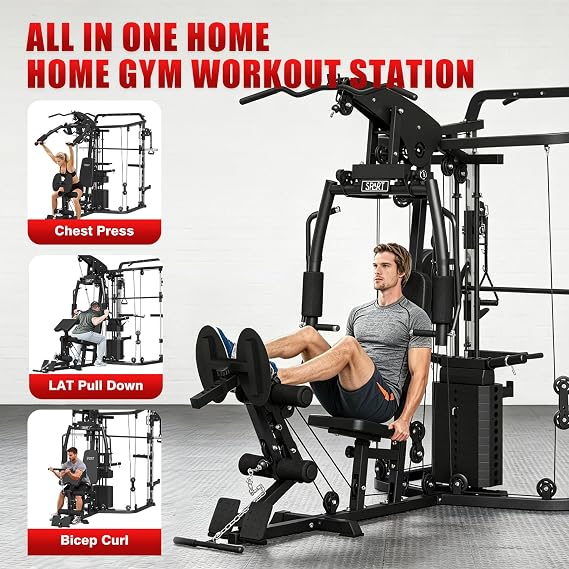 SPART All-in-One Home Gym Workout Station,Smithe Machine Home Gym System Power Cage,Functional Trainer for Couples & Family Strength Training,Leg Press, LAT Station for Full Body Training, Black