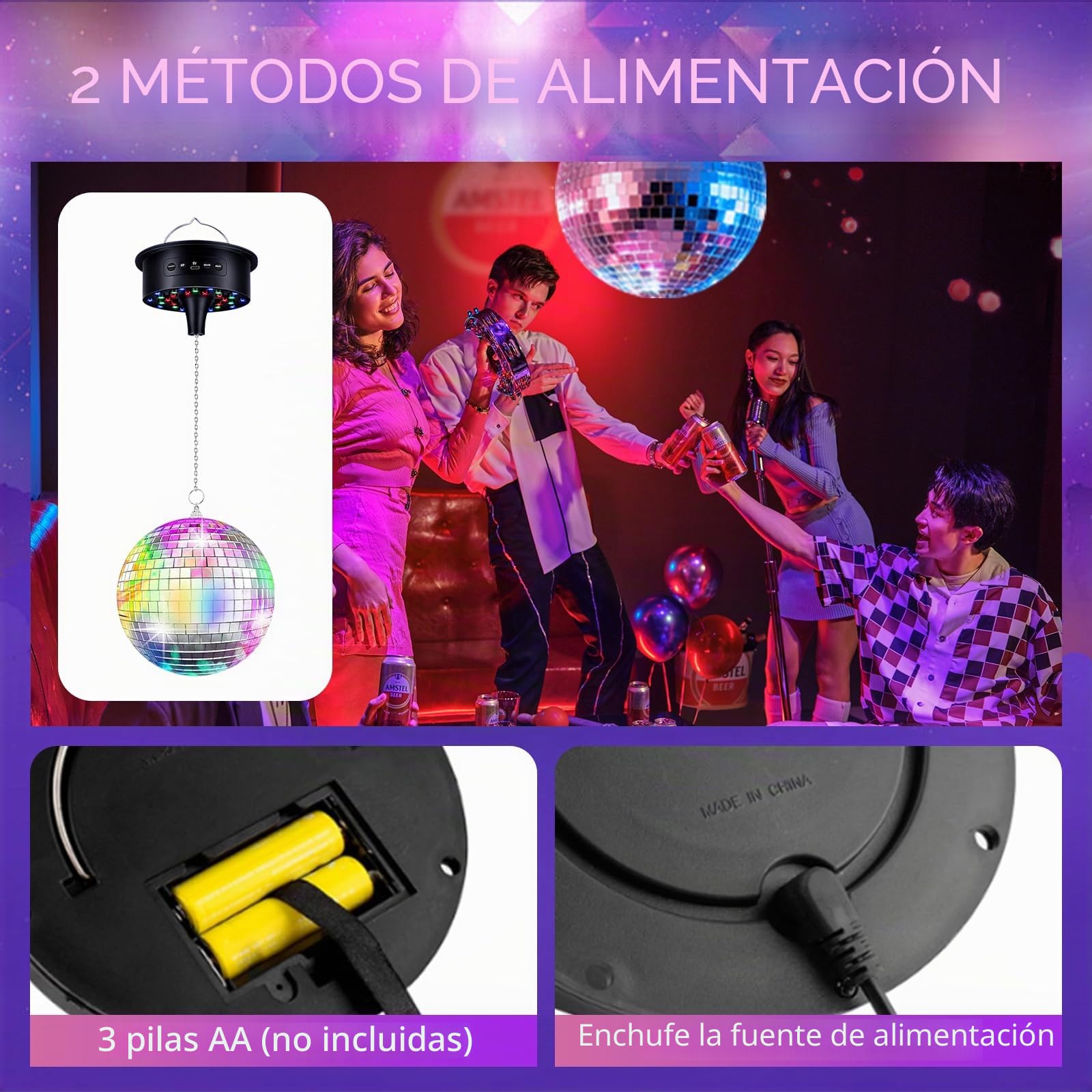 Bola de discoteca con motor y luz (10 U/min) – Bola de discoteca plateada de 20 cm, 6 modos de color y 30 perlas LED, para discoteca, fiesta y efectos de luz (Especificación europea)