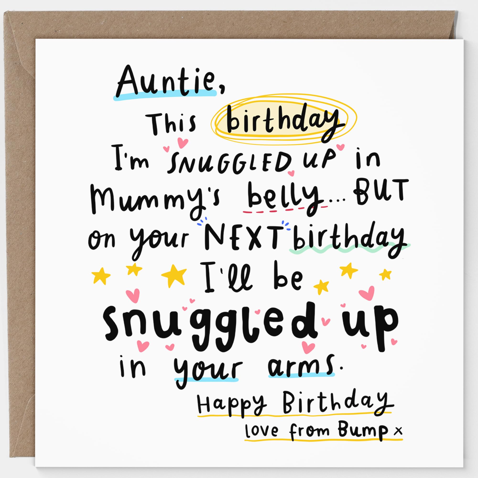 Arrow Gift Co - Auntie Birthday Card from the Bump - Snuggled Up in Mummy’s Belly - Cute & Sentimental Card for Auntie to Be