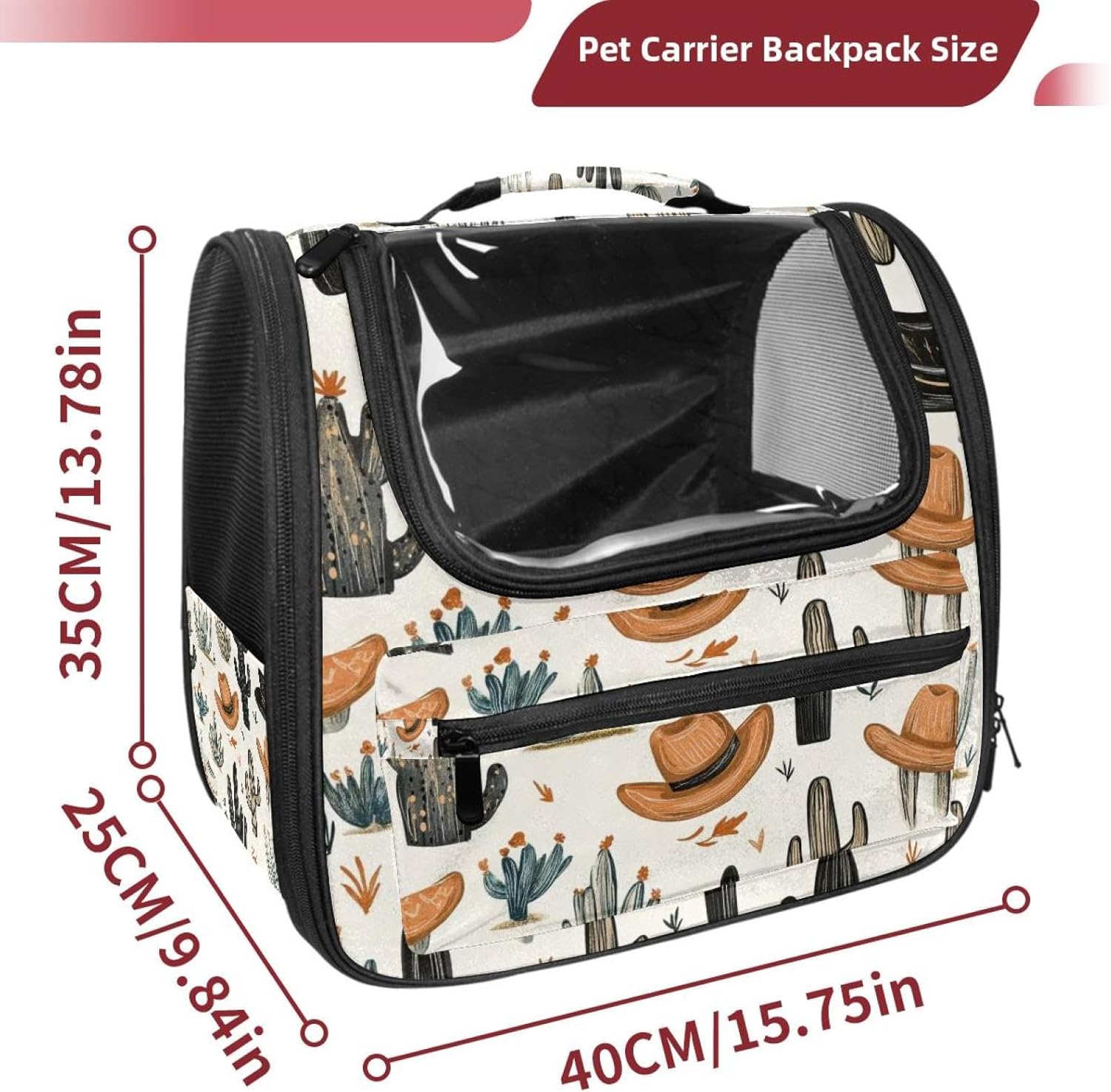 Portable Travel pet Backpack Carrier Hamster Bag Small Dog cat Carrier Breathable Hang Bag, Cowboy Hat Cactuses Western