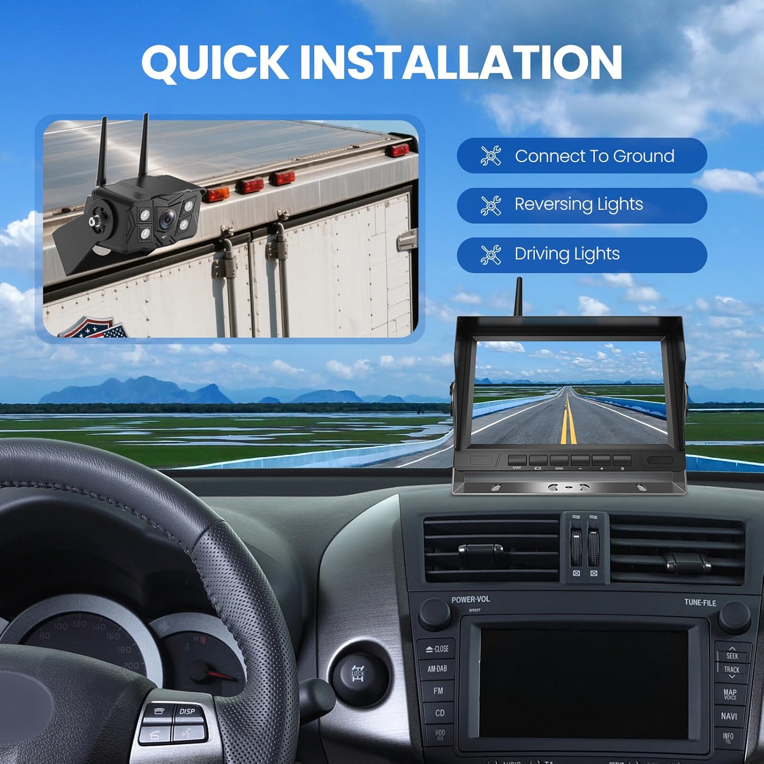 Digital Wireless Backup Camera System, Support Split Screen with Stable Signal, IP69K Waterproof Reverse Camera for RV/Truck/Trailer/Camper, DIY Easy Installation, 12V-24V