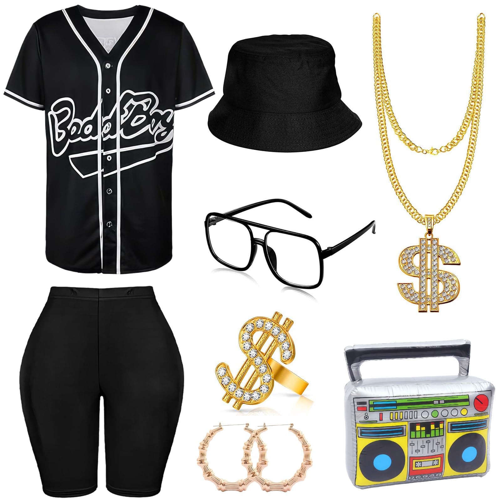 Traje de los años 80 y 90 para mujer, 6 piezas, disfraz de hip hop, camiseta de béisbol, pantalones de yoga, sombrero de cubo, cadena y accesorios de rapero