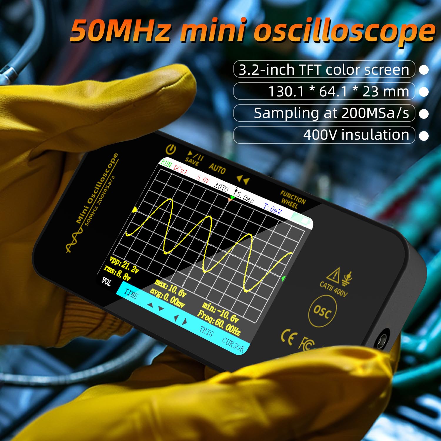 BSIDE OT5 Handheld Oszilloskop 50MHz Bandbreite Digitale Oszilloskope 3.2'' TFT Display Tragbares Oszilloskope Automotive Oszilloskop 200MSa/s Abtastrate Trigger Funktion Auto/Nomal/Single
