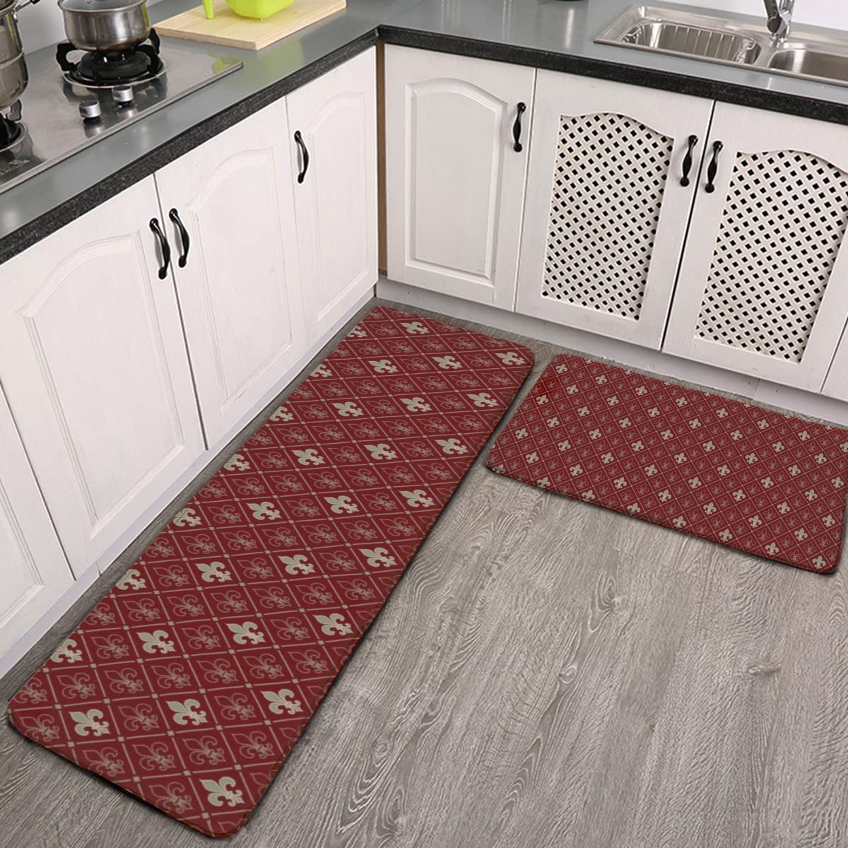 2 Pieces Kitchen Mat Rug Set,Muster Rot Lis Fleurdelis Fleur Blumen Mittelalterliche Lilie Polster Royal x,Durable Ultra Soft Non-Slip Washable Waterproof Comfort Foam Rug for Kitchen