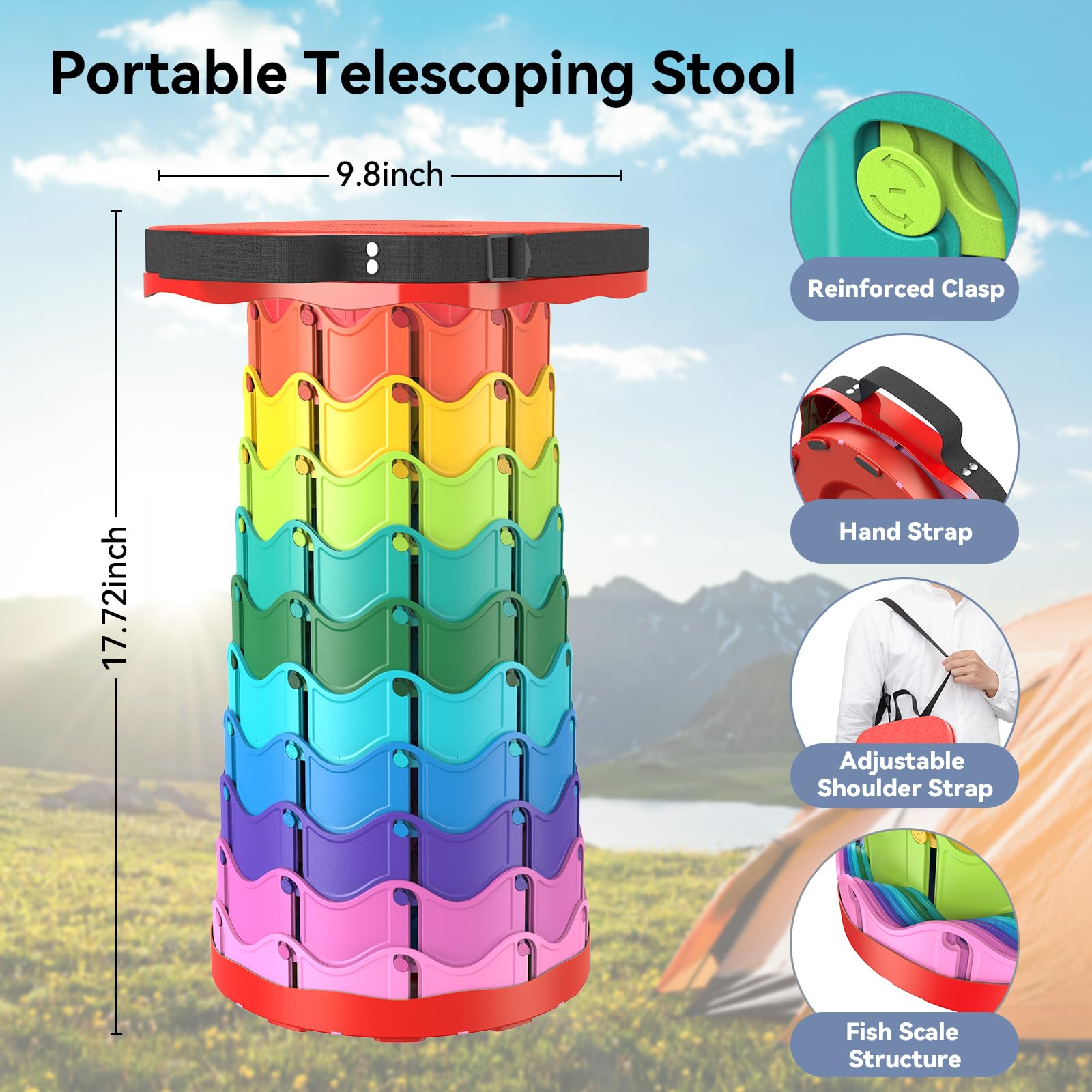 Taburete plegable mejorado, taburete plegable portátil, silla telescópica de camping con capacidad de carga máxima de 220 kg, taburete cuadrado retráctil para camping, jardinería, pesca,