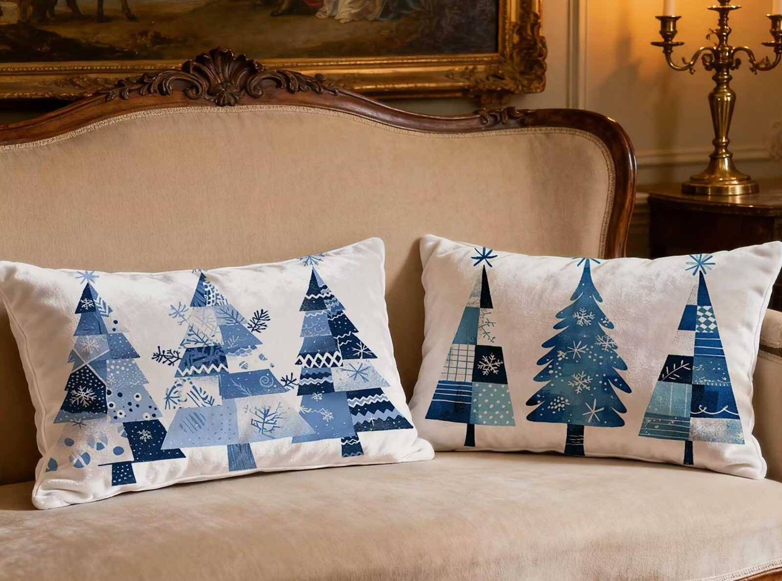 Coussin Arbre de Noël blanc en velours pour décorer le canapé du salon