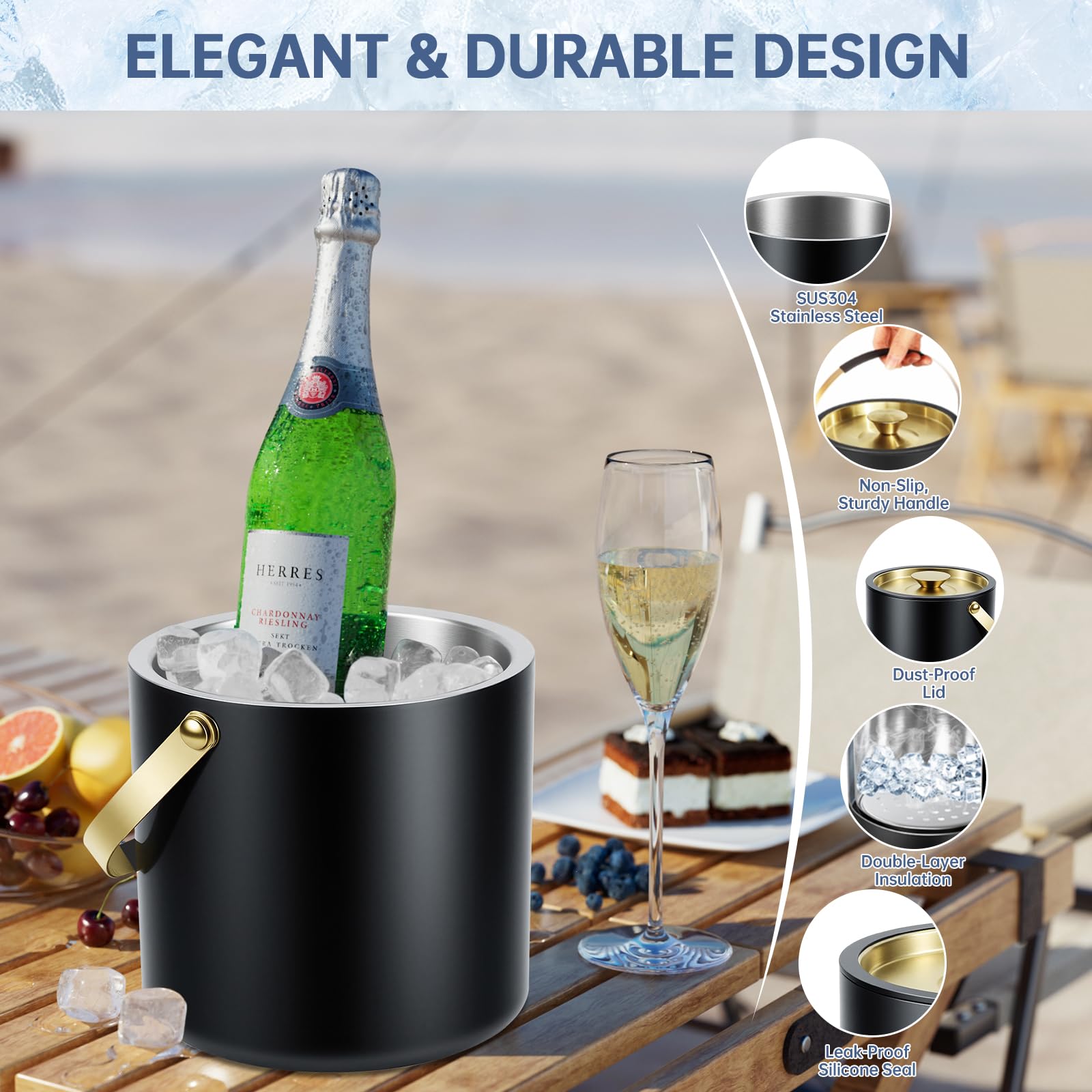 Qingning 3.2L Eiswürfelbehälter, Eiskübel mit Deckel, Zange, Schaufel & Sieb | Eiswürfelbehälter Edelstahl, Doppelwandiger Edelstahl-Eiskübel für Bier und Wein, für Partys, Picknicks, Clubs
