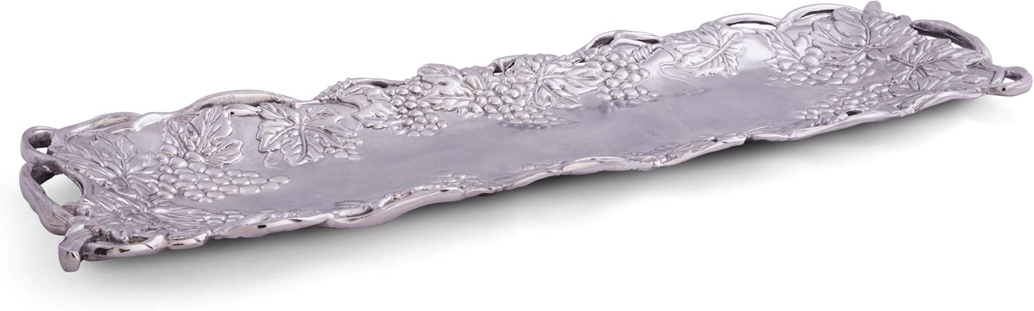 Elegant Mediterranean Polished Aluminum Oval Serving Tray with Grape Design