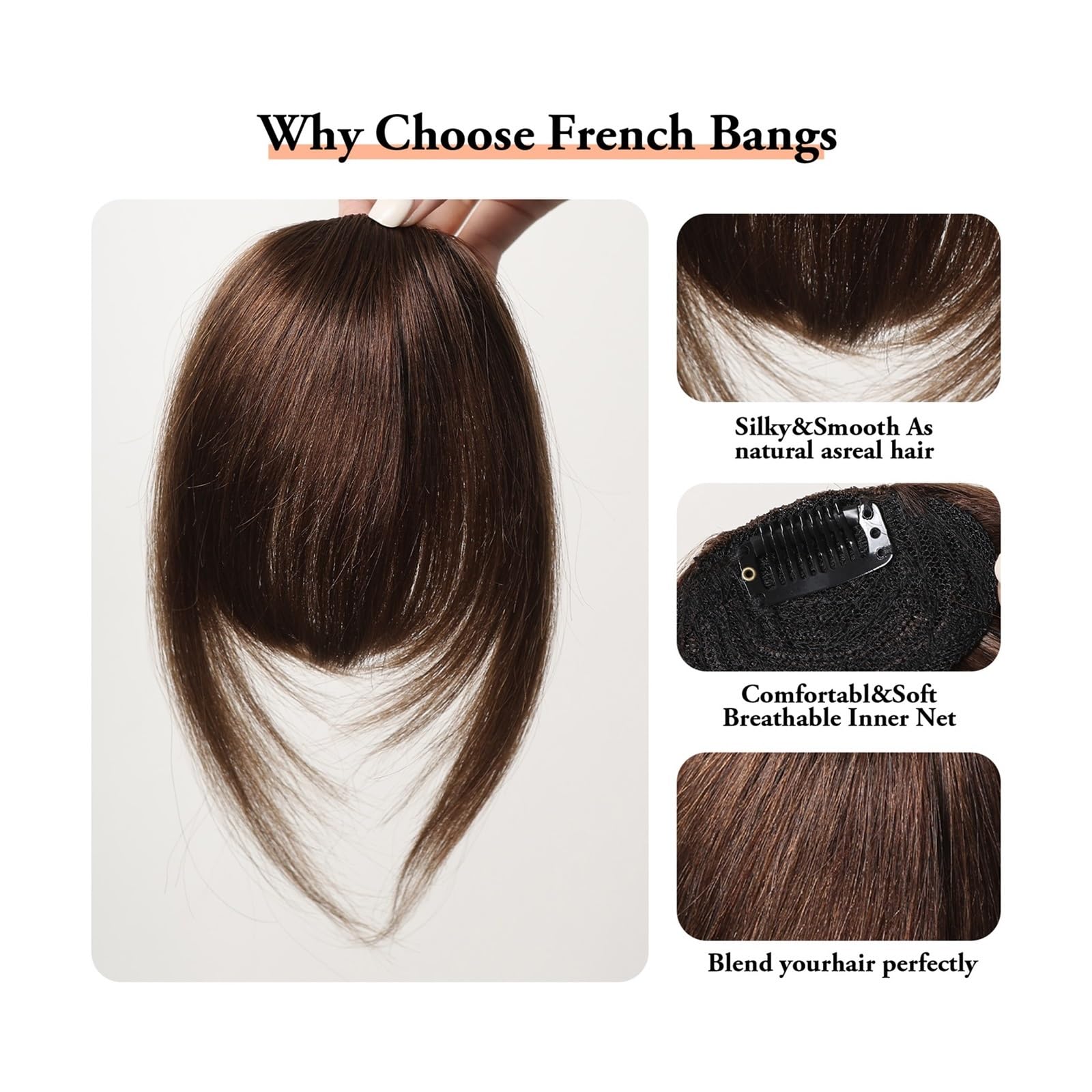 Pinza para el pelo con flequillo Flequillo con pinza for el cabello, flequillo 100% de cabello humano, flequillo francés marrón Natural con patillas, postizos gruesos falsos planos y limpios for mujer