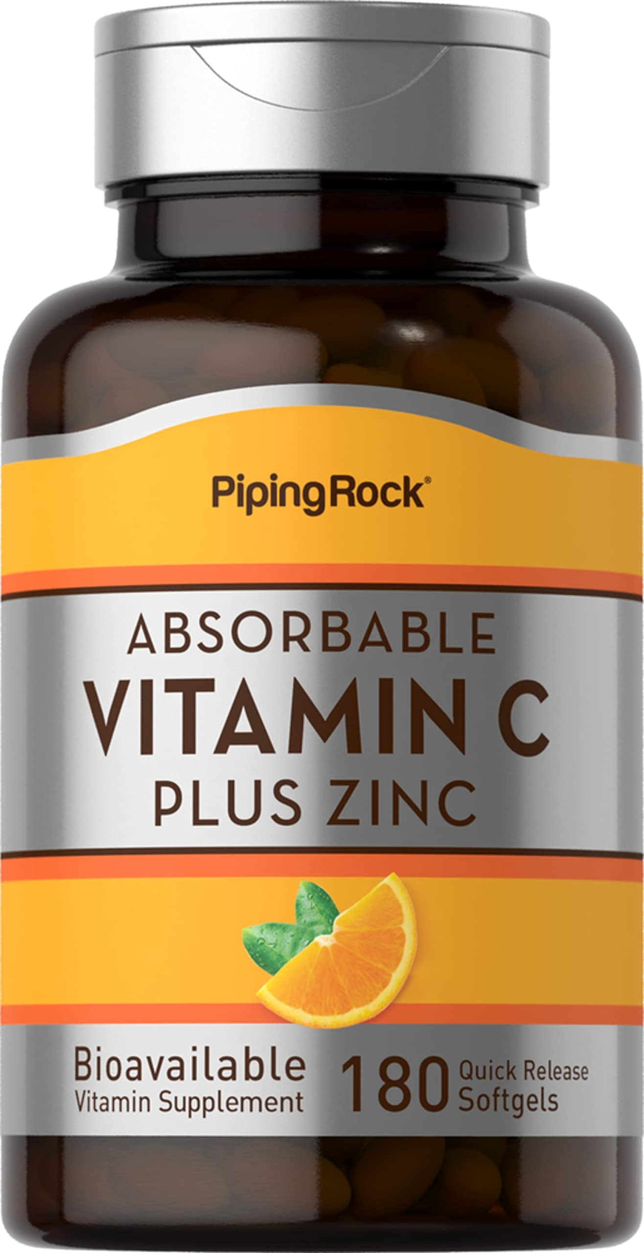 Piping Rock Vitamin C Plus Zinc | 180 Softgels | Absorbable | Bioavailable | Ascorbic Acid Supplement | Non-GMO, Gluten Free