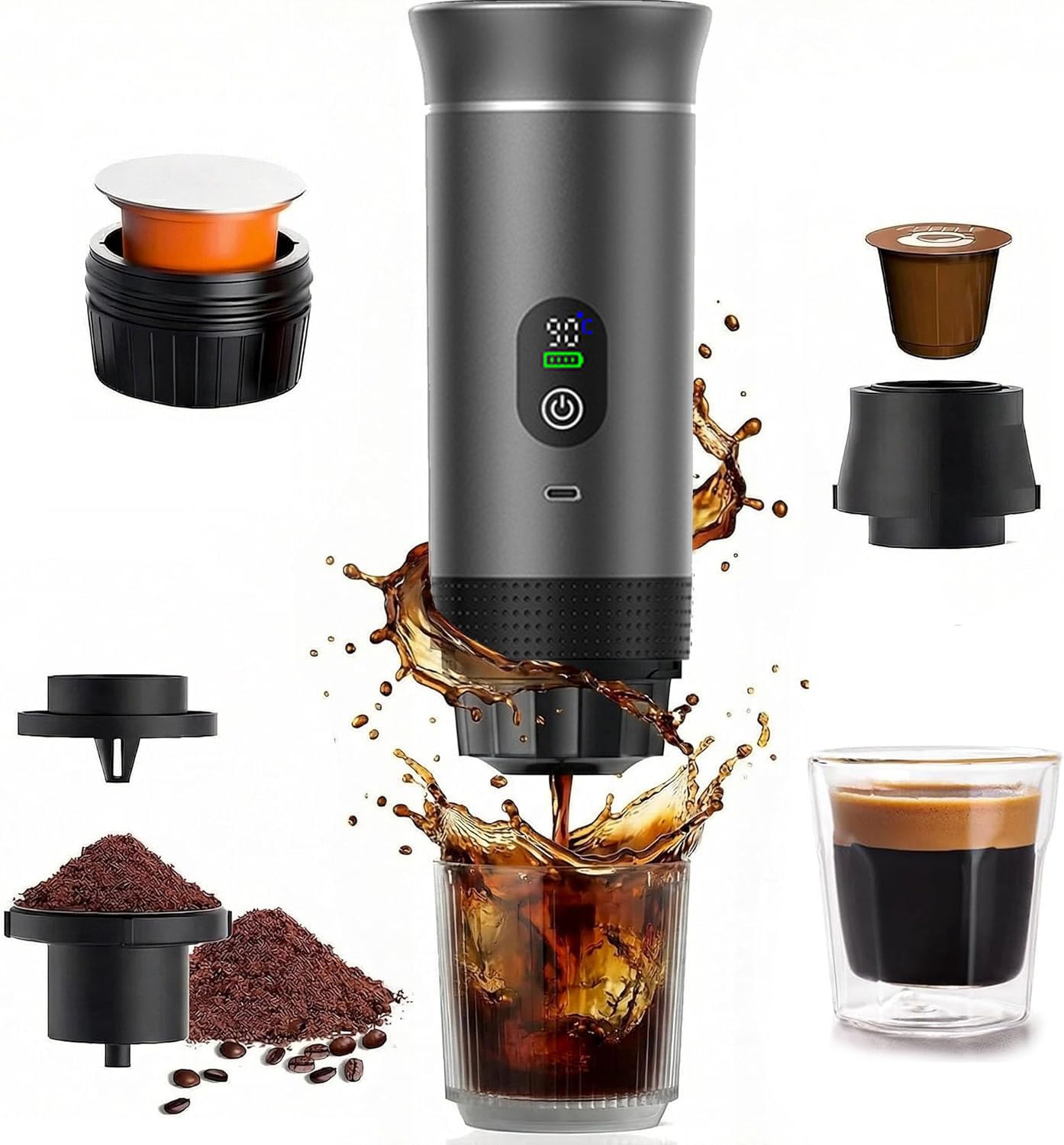 3 En1 Machine à Café Portable de Voyage,pour RV, camping,randonnée, bureau | Avec auto-chauffage,avec Charge USB-C,Cafetière avec café moulu et capsule NS,Machine à café électrique portable