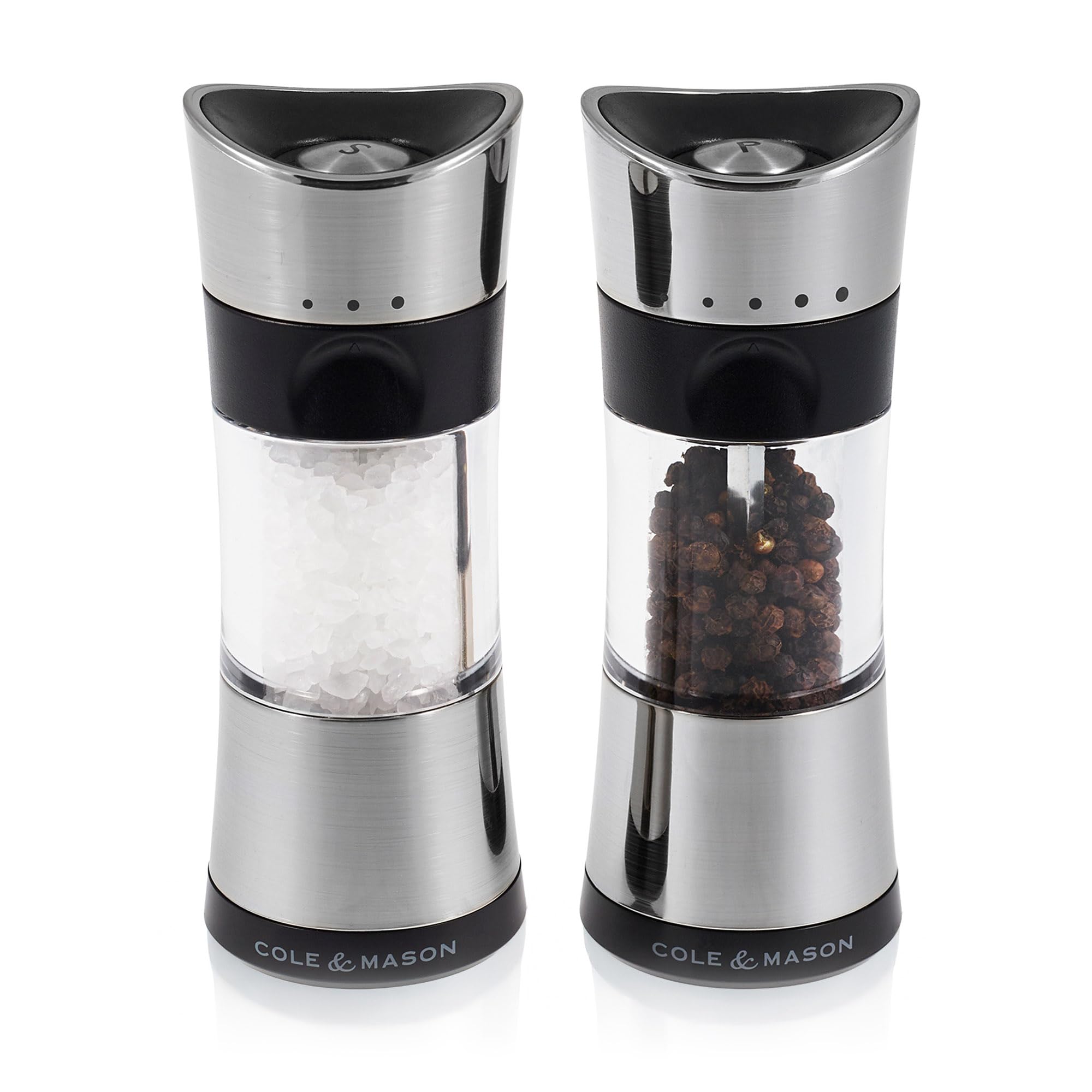 Horsham Chrome Salt and Pepper Mills, Adjustable Grind Precision+ Mechanism, Non Spill, Chrome/Acrylic, 154 mm, Gift Set, Includes 2 x Salt and Pepper Grinders